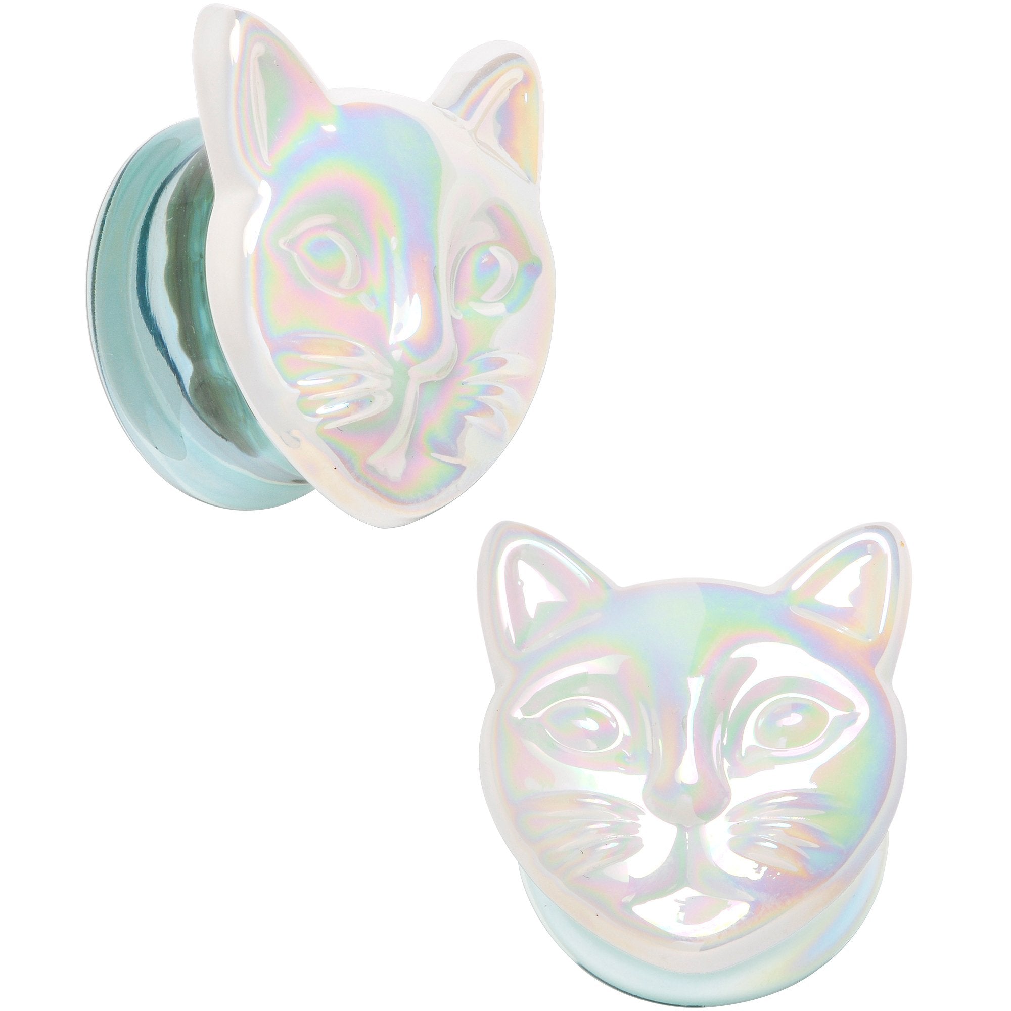 Aurora White Glass Double Flare Kitty Cat Plug Set 6mm to 25mm