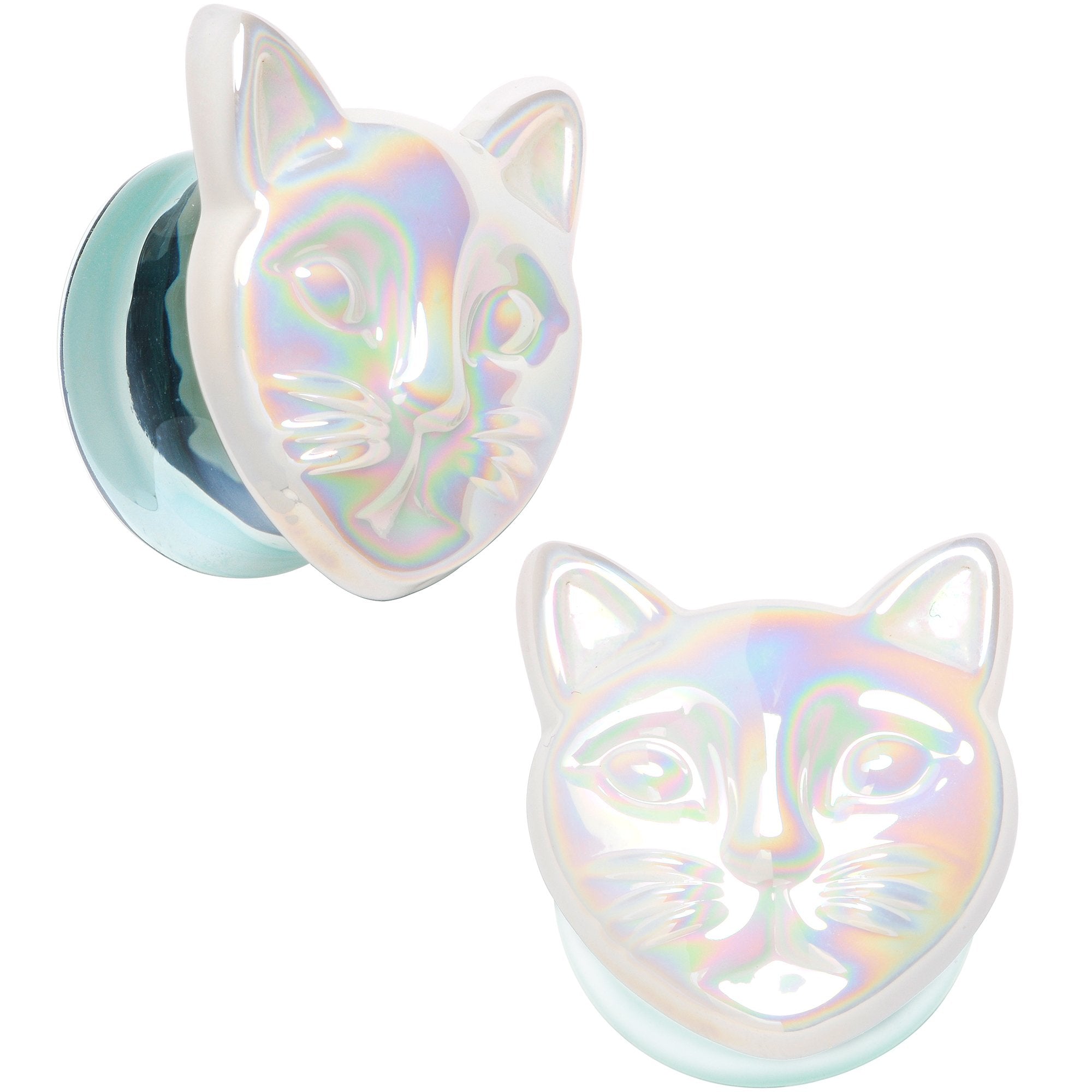 Aurora White Glass Double Flare Kitty Cat Plug Set 6mm to 25mm