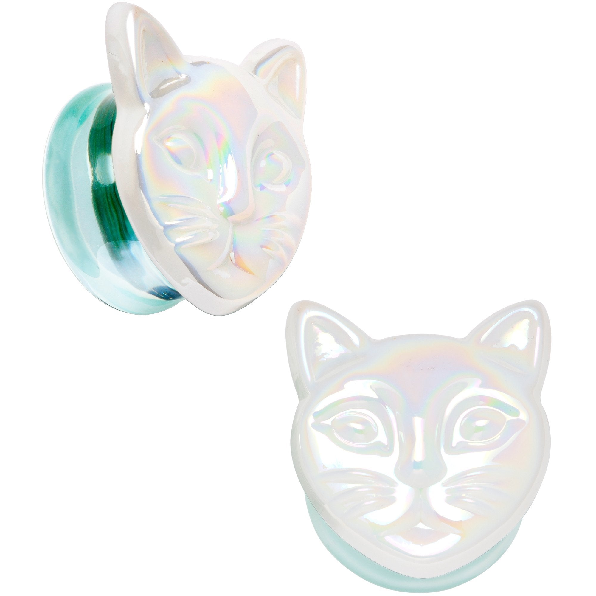 Aurora White Glass Double Flare Kitty Cat Plug Set 6mm to 25mm