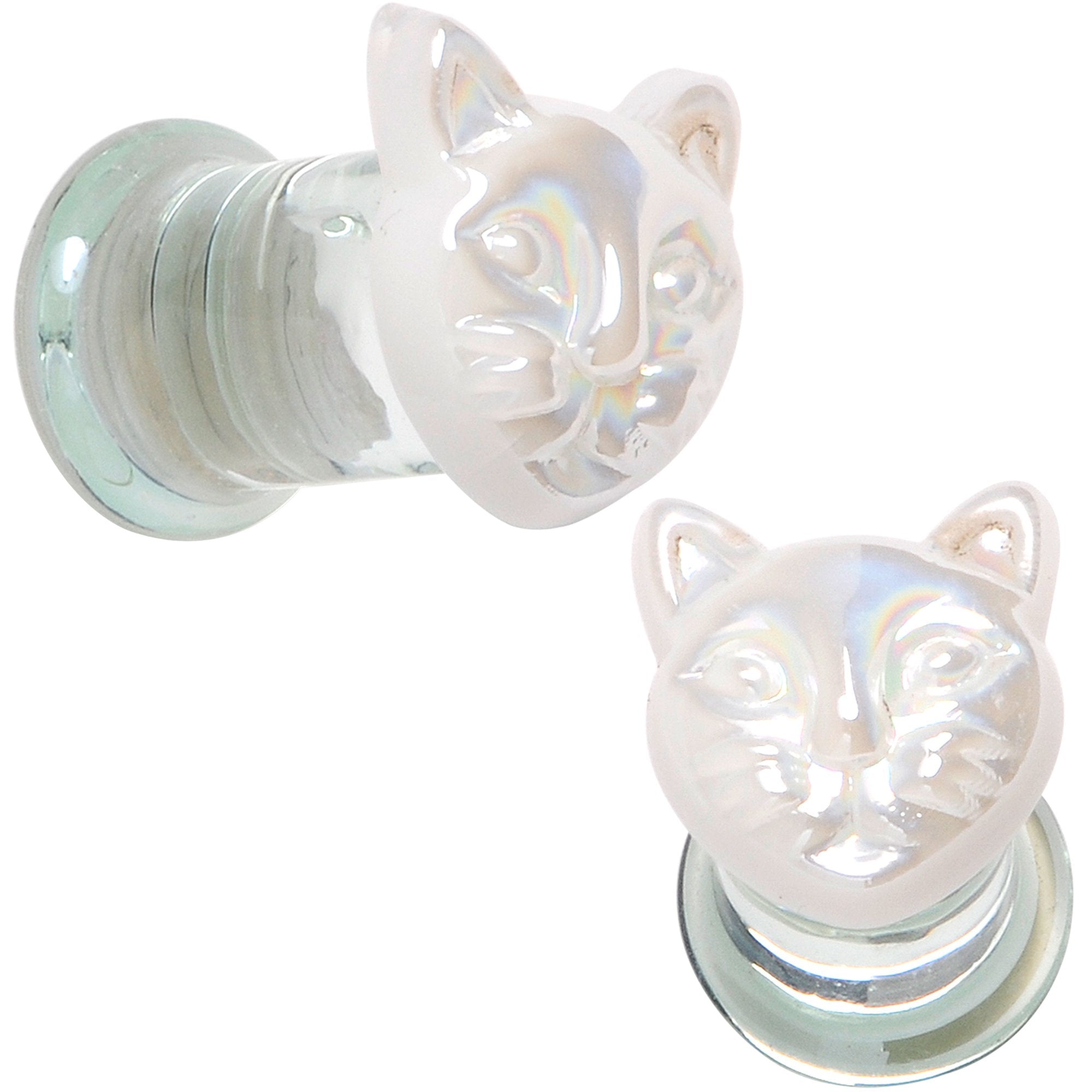 Aurora White Glass Double Flare Kitty Cat Plug Set 6mm to 25mm