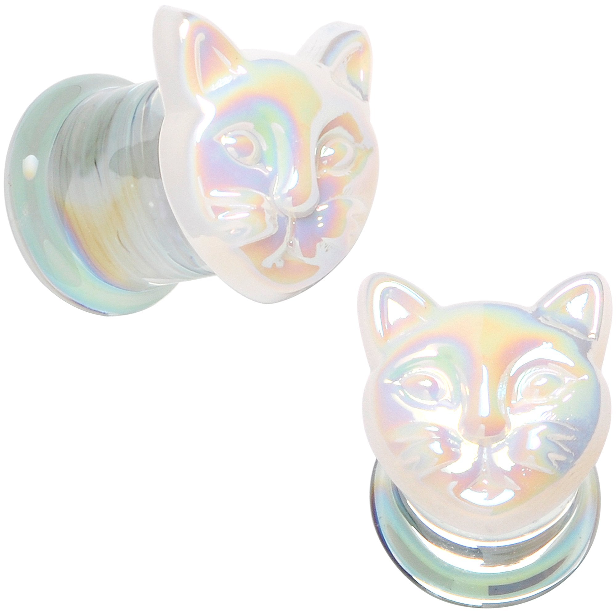 Aurora White Glass Double Flare Kitty Cat Plug Set 6mm to 25mm