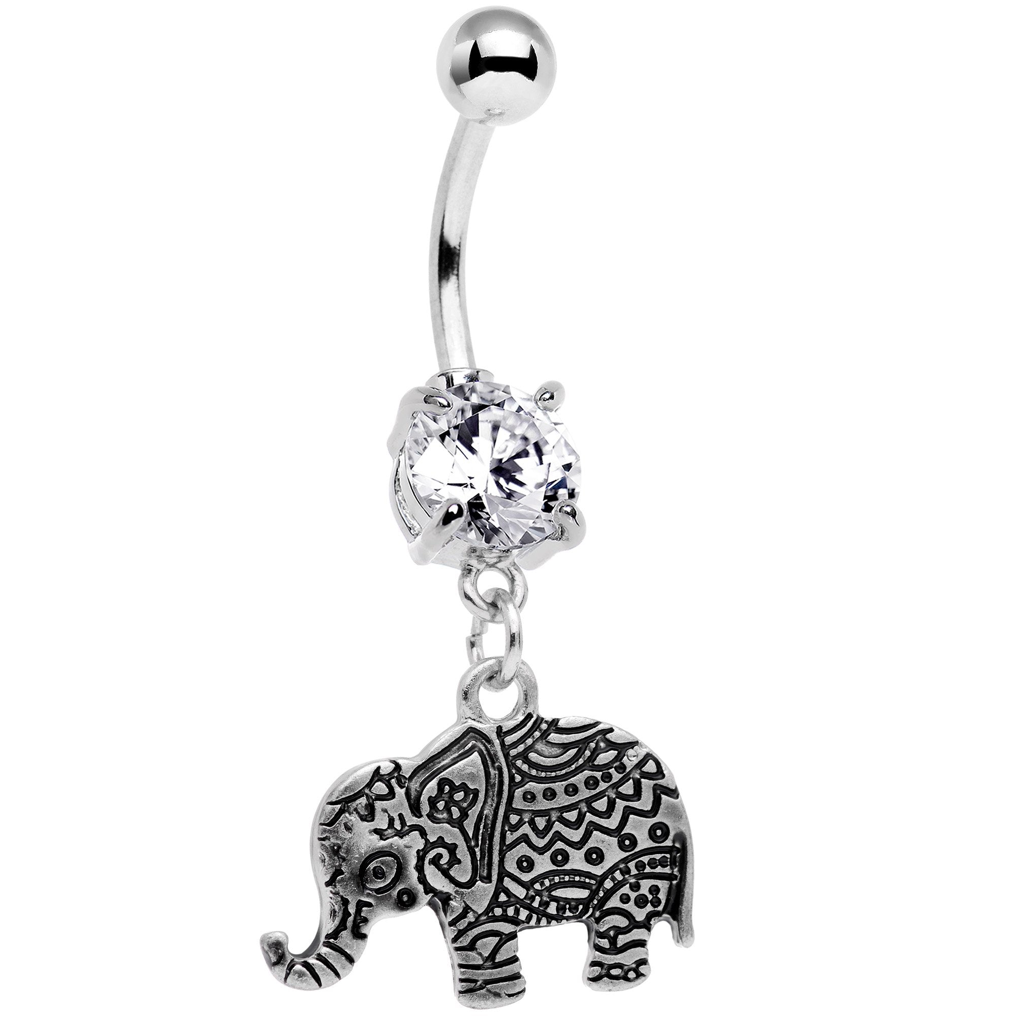 Clear CZ Gem Baroque Geometric Designs Elephant Dangle Belly Ring