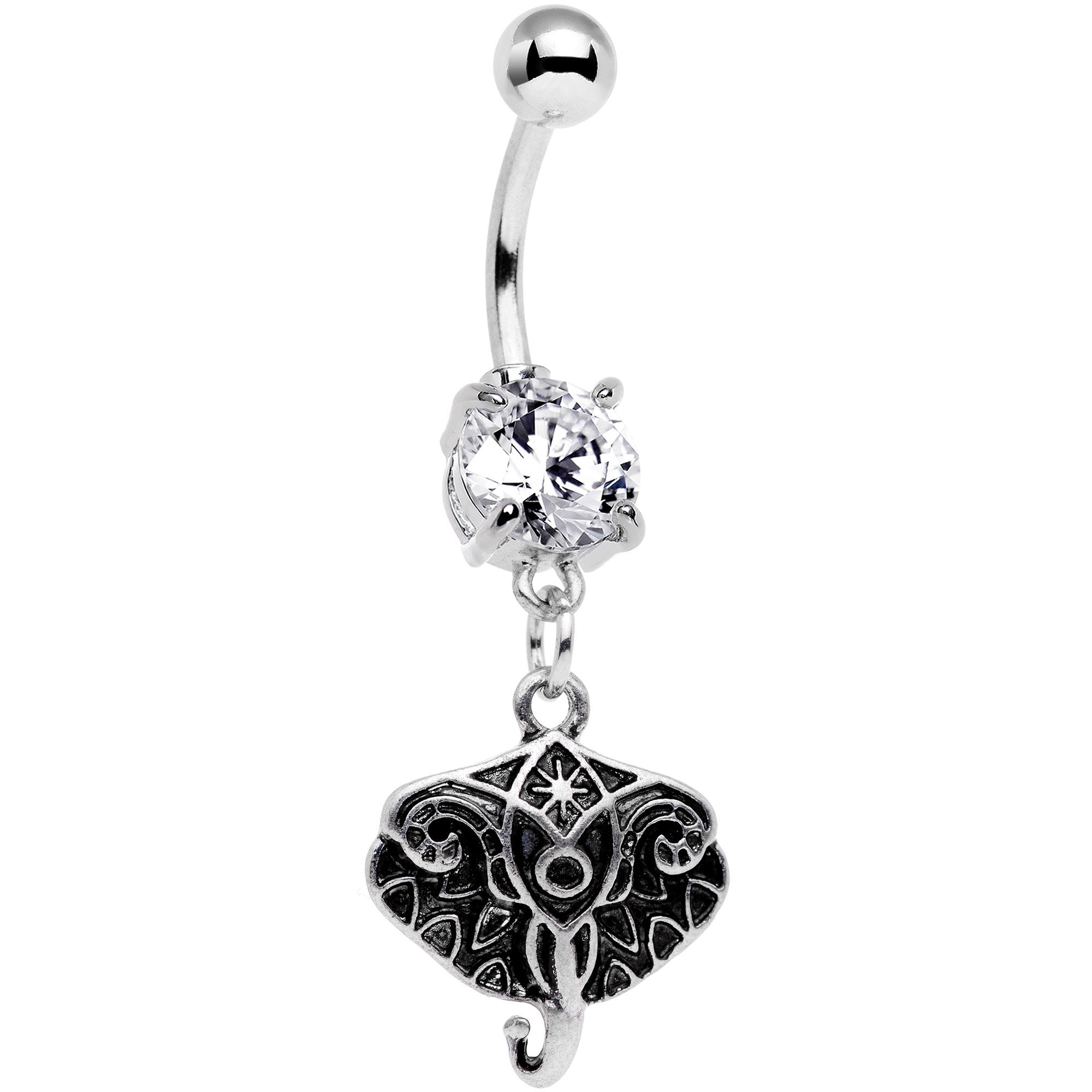 Clear Cubic Zirconia Gem Elephant Inspired Abstract Dangle Belly Ring