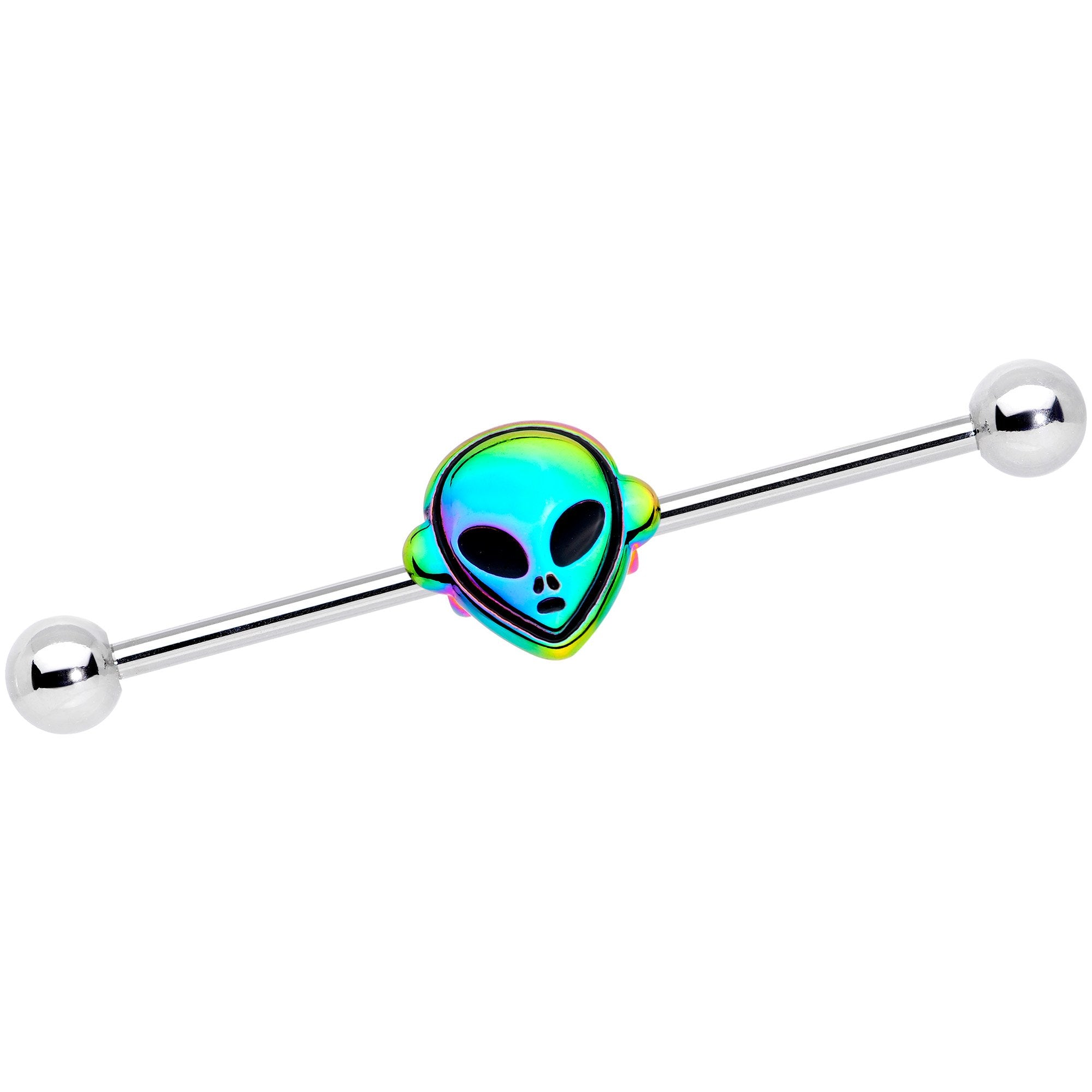 14 Gauge Iridescent Alien Face Industrial Barbell 38mm