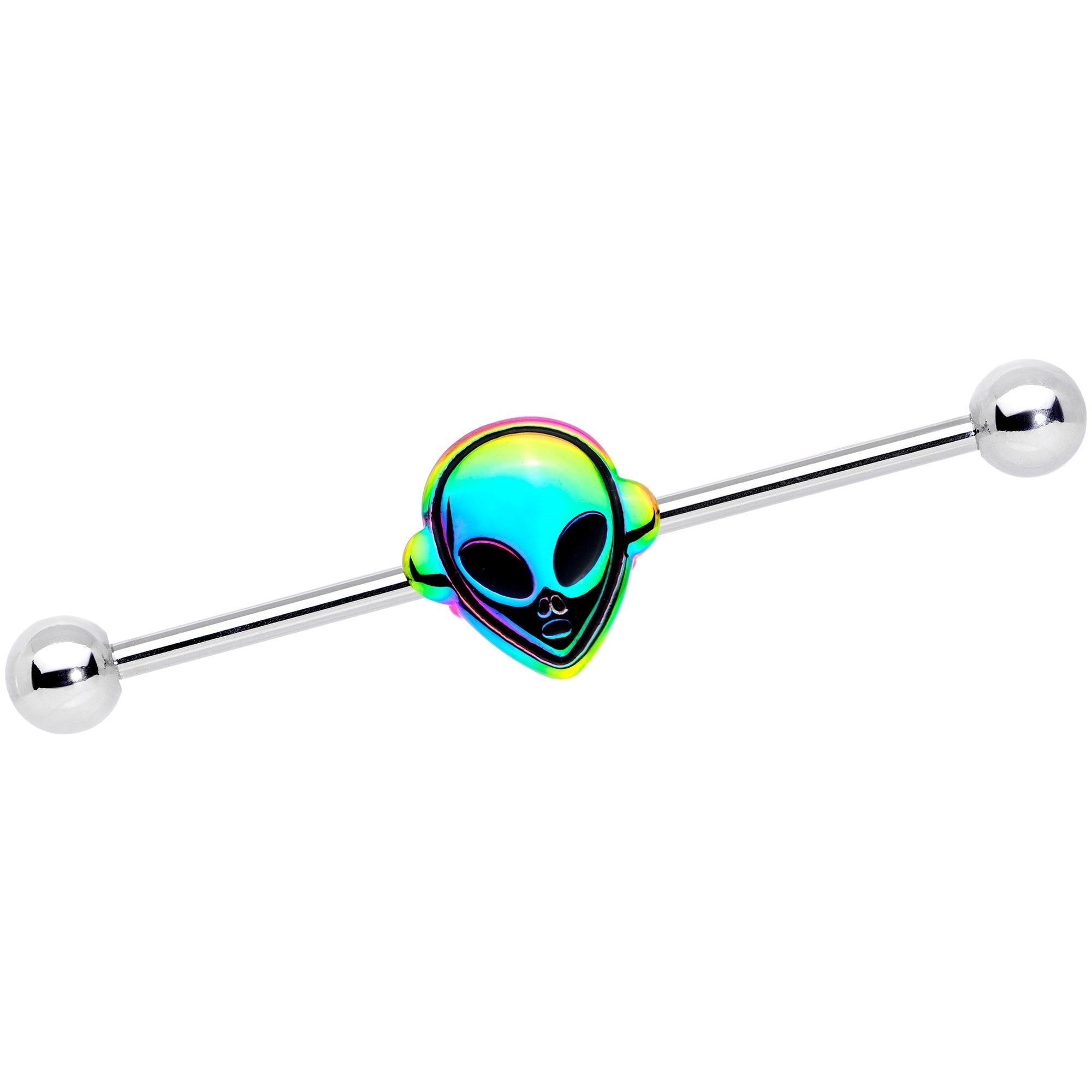 14 Gauge Iridescent Alien Face Industrial Barbell 38mm