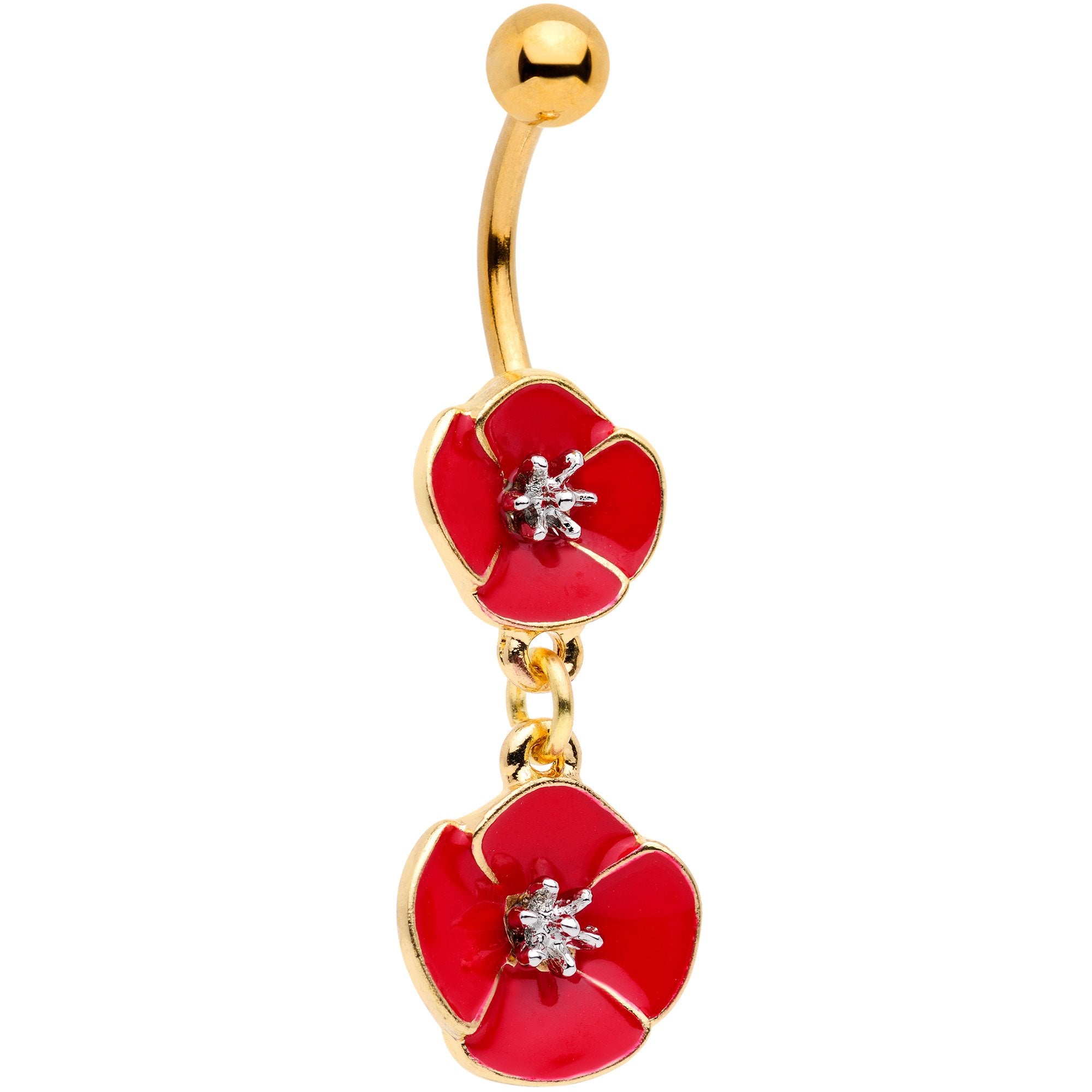 Gold Tone Fashionable Red Flower Chain Dangle Belly Ring