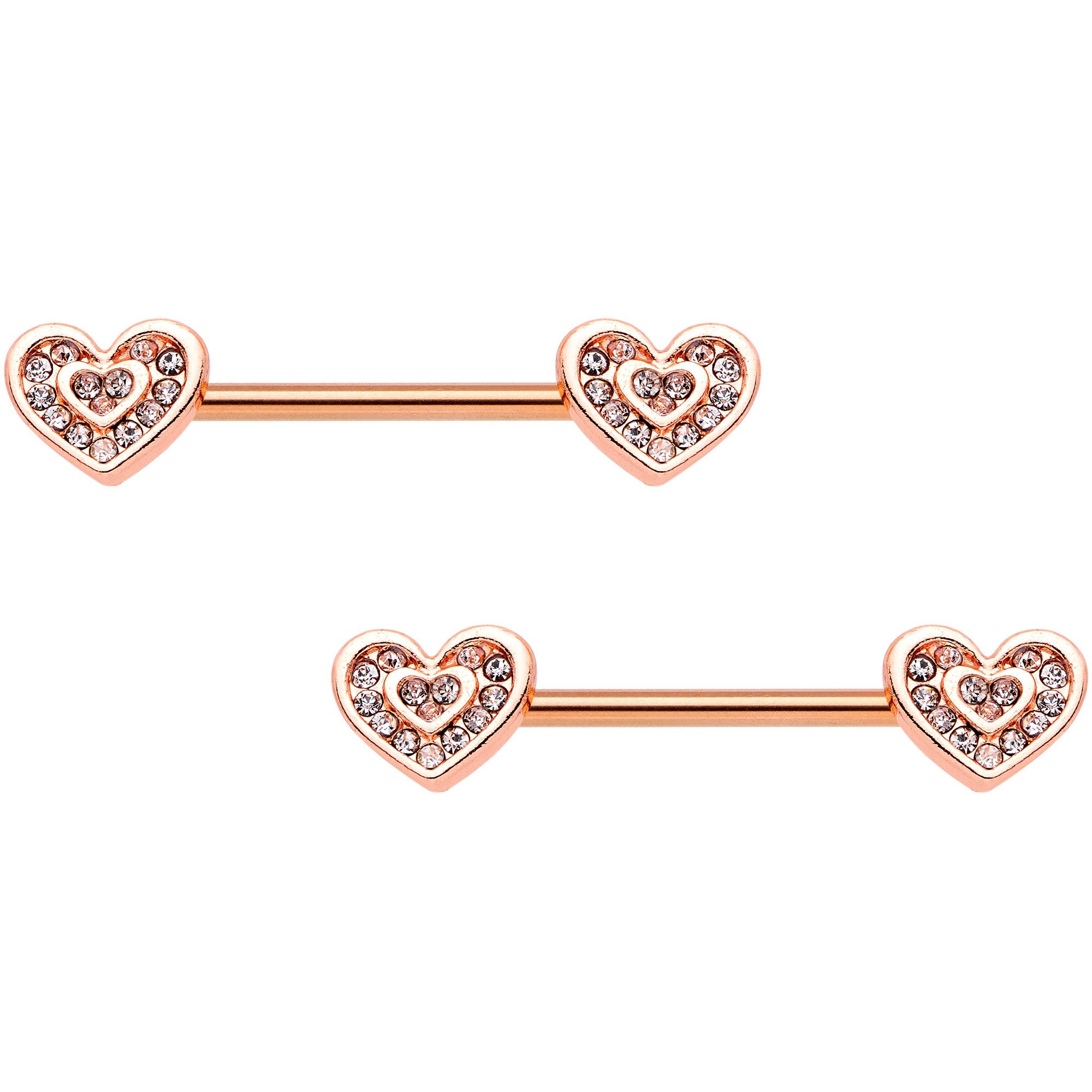 5/8 Clear Gem Rose Gold Tone Wrapped Hearts Barbell Nipple Ring Set