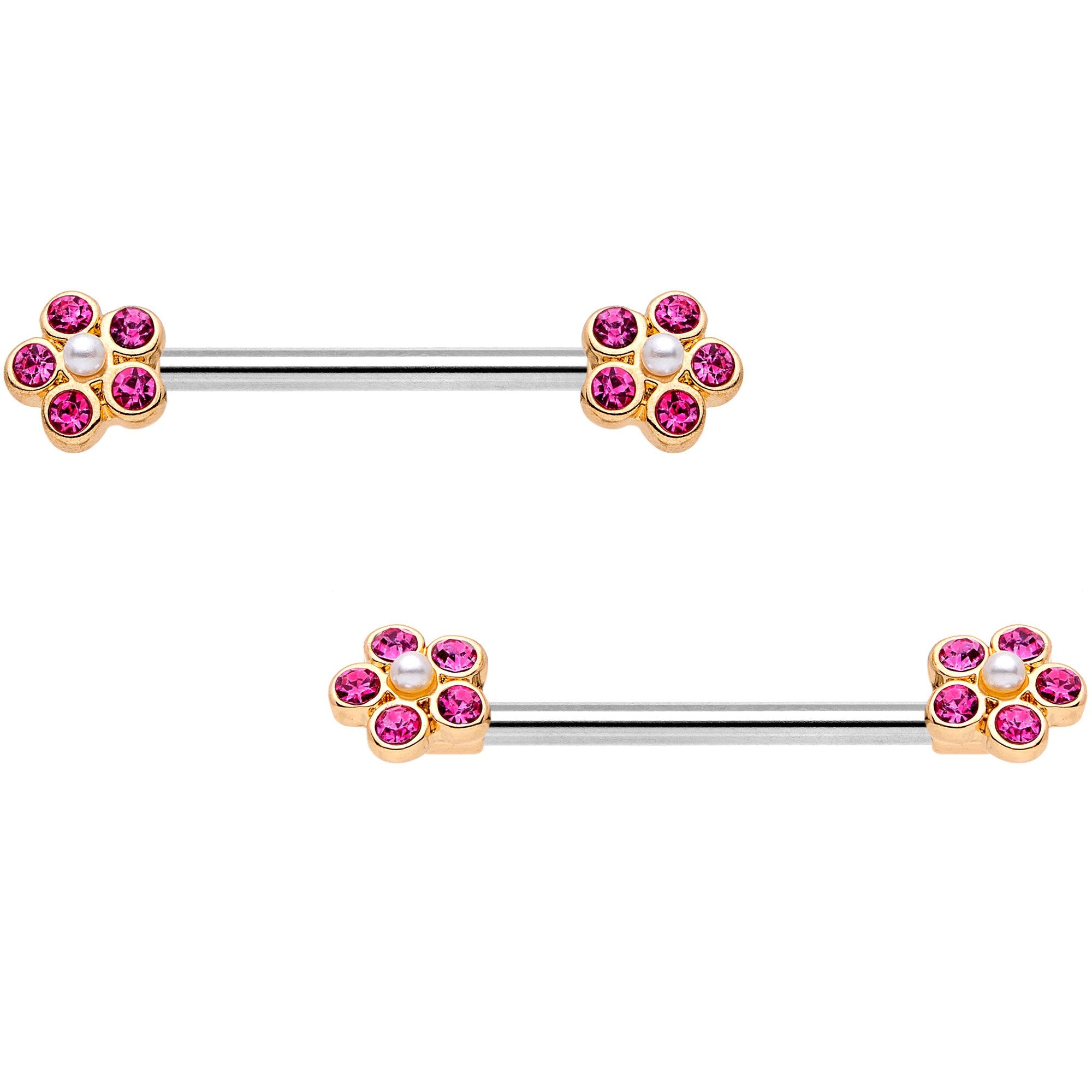 14 Gauge 9/16 Pink Gem Precious Flower Barbell Nipple Ring Set