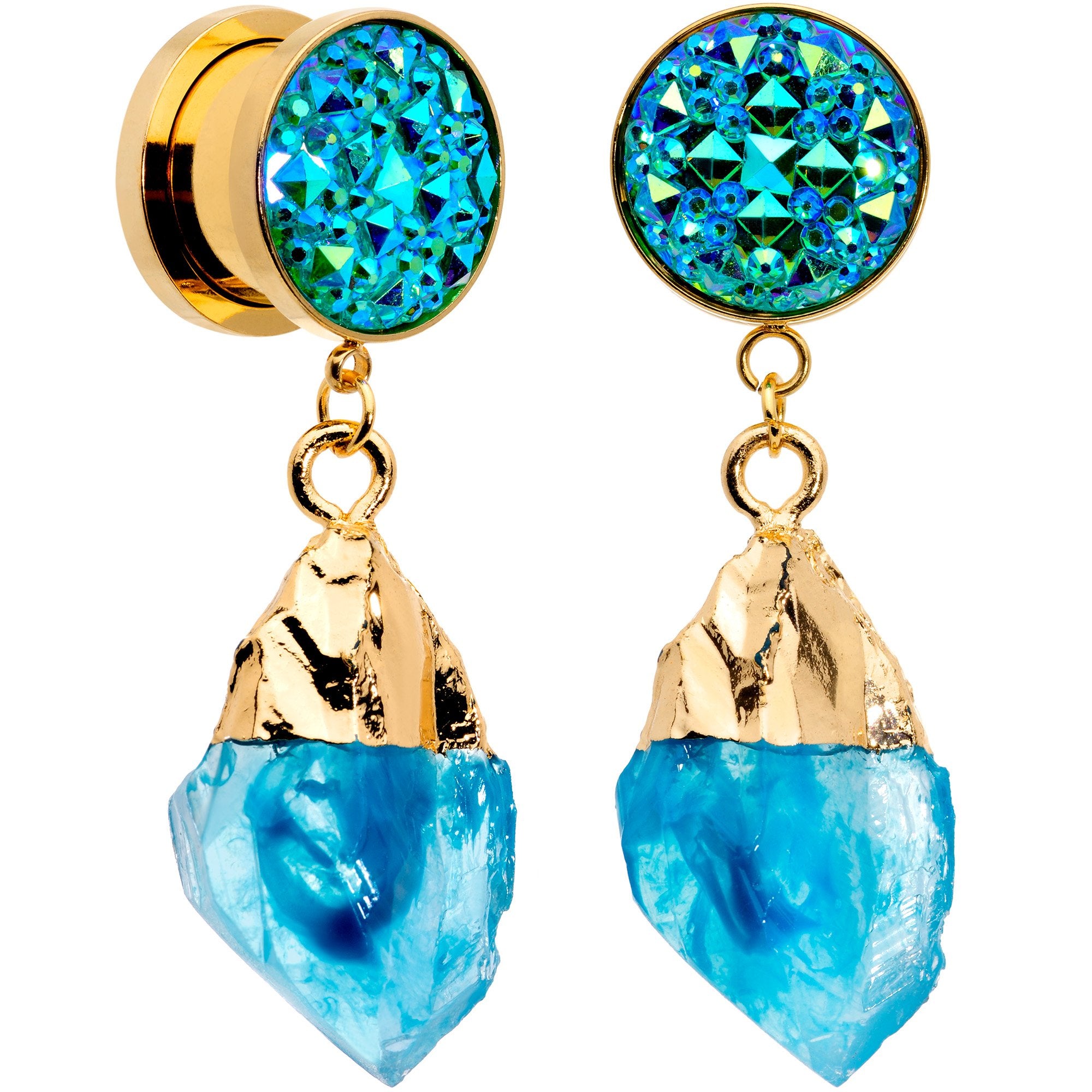 Blue Faux Druzy Quartz Gold Tone Dangle Screw Fit Plug Set 8mm to 16mm