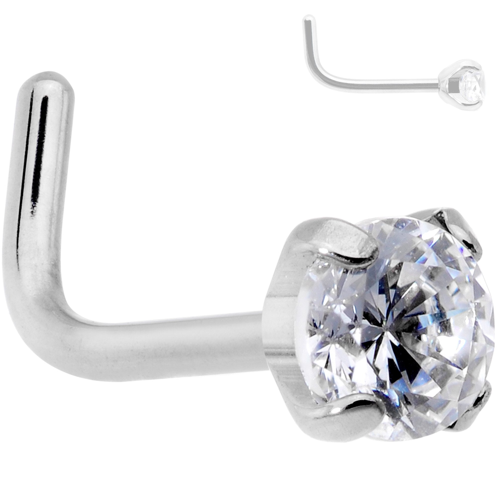 20 Gauge 1/4 Clear 3mm CZ Gem Grade 23 Titanium L Shaped Nose Ring