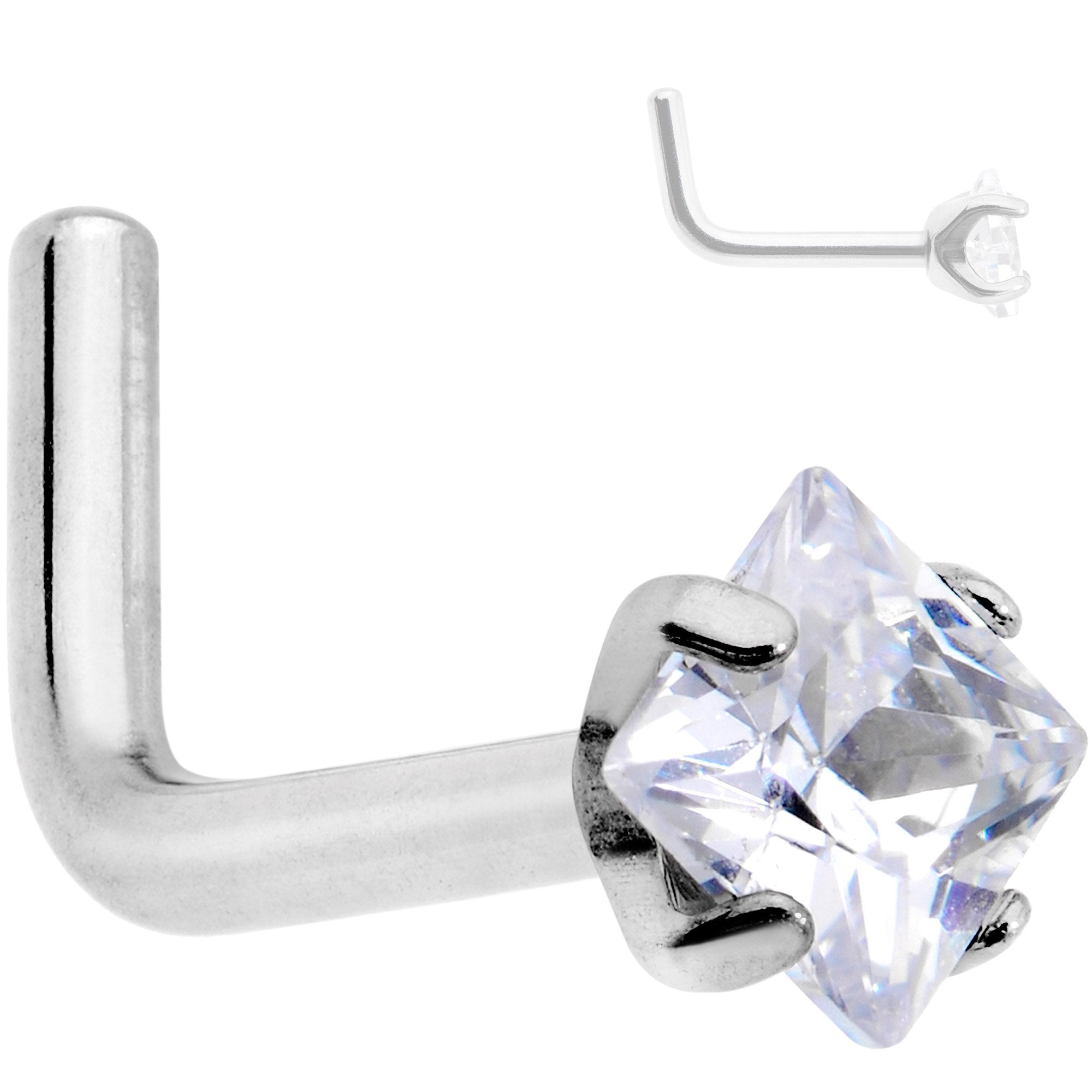 18 Gauge Clear 3mm CZ Gem Grade 23 Titanium Rhombus L Shaped Nose Ring