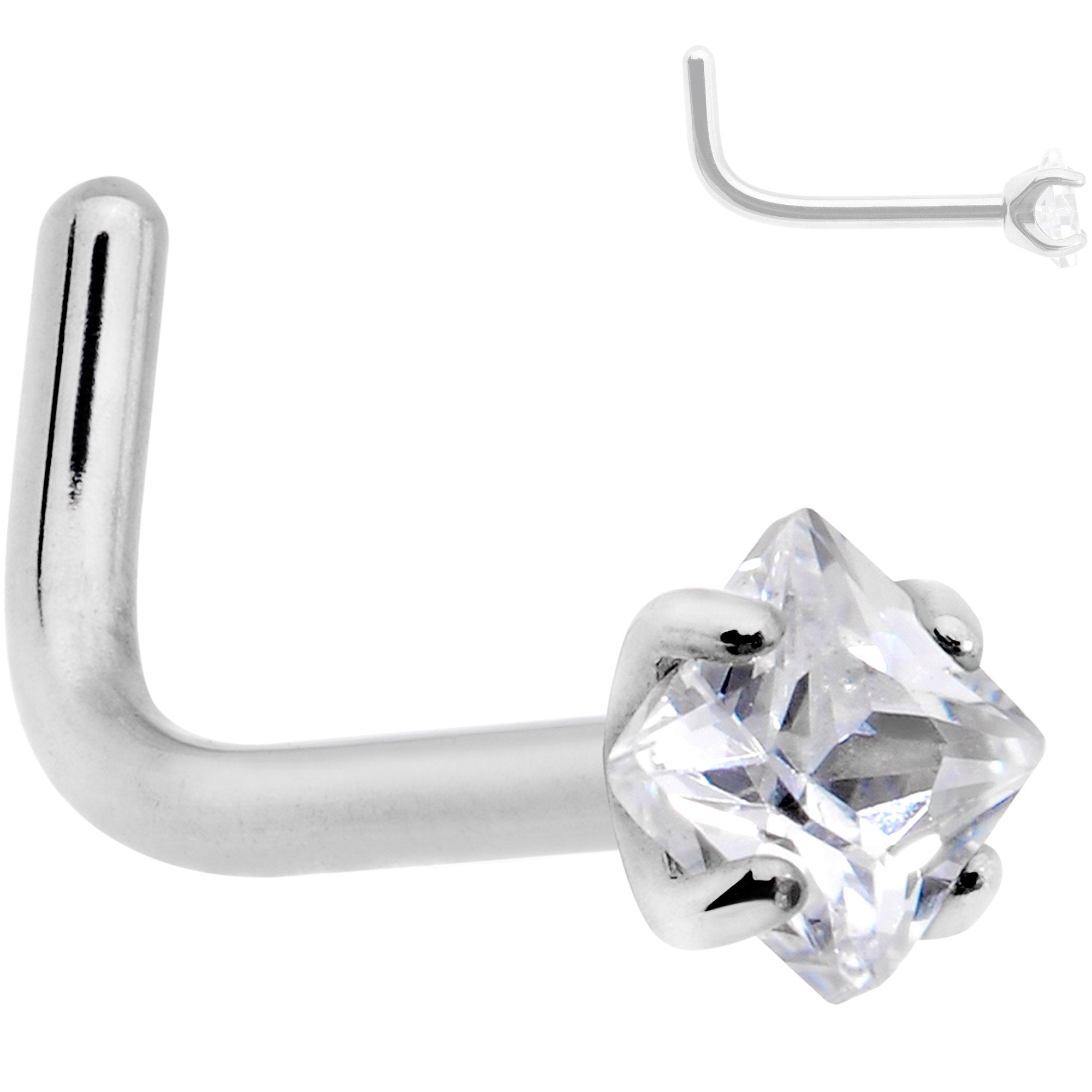 20 Gauge Clear 2mm CZ Gem Grade 23 Titanium Rhombus L Shaped Nose Ring