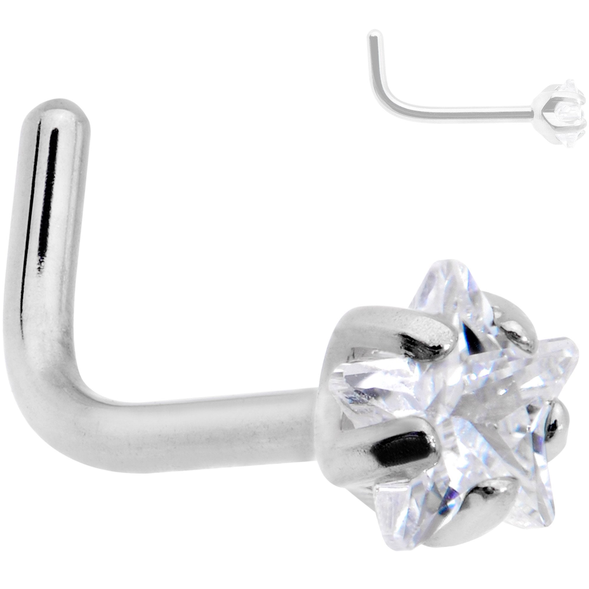 20 Gauge Clear 3mm CZ Star Gem Grade 23 Titanium L Shaped Nose Ring