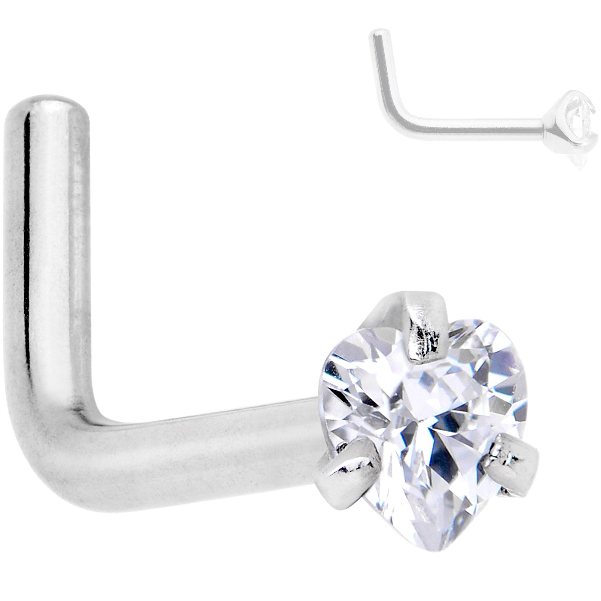 18 Gauge Clear 3mm CZ Heart Gem Grade 23 Titanium L Shaped Nose Ring