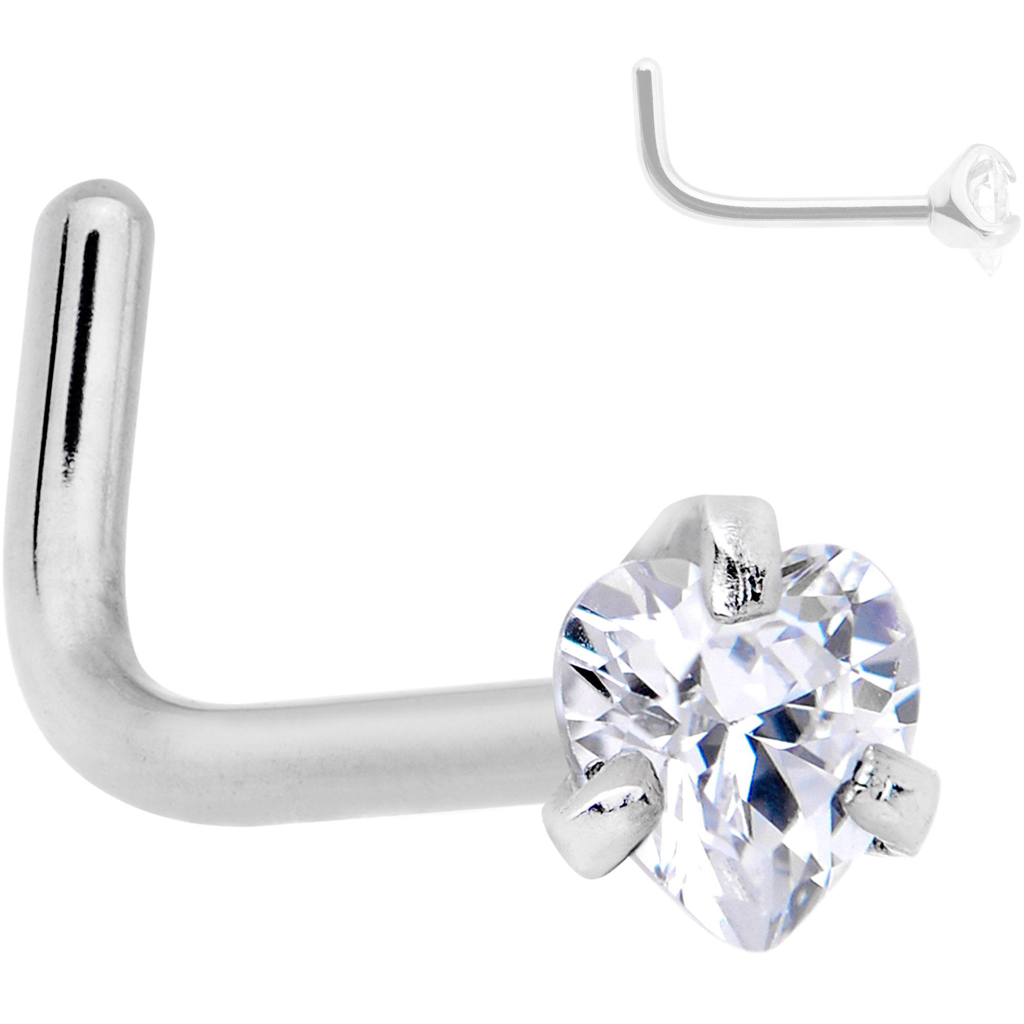 20 Gauge Clear 3mm CZ Heart Gem Grade 23 Titanium L Shaped Nose Ring