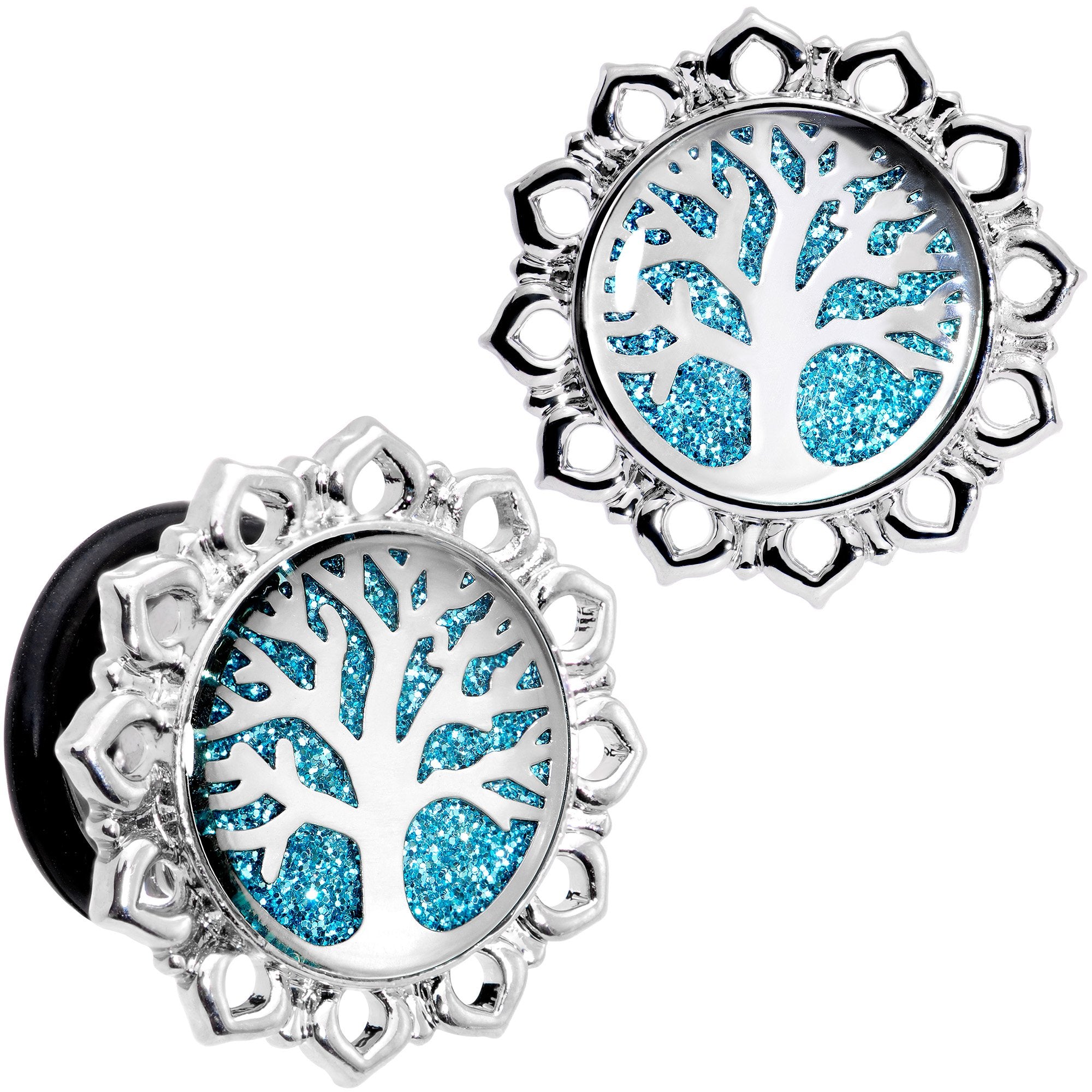 Blue Glitter Inlay Tree of Life Single Flare Plug Set 6mm to 20mm