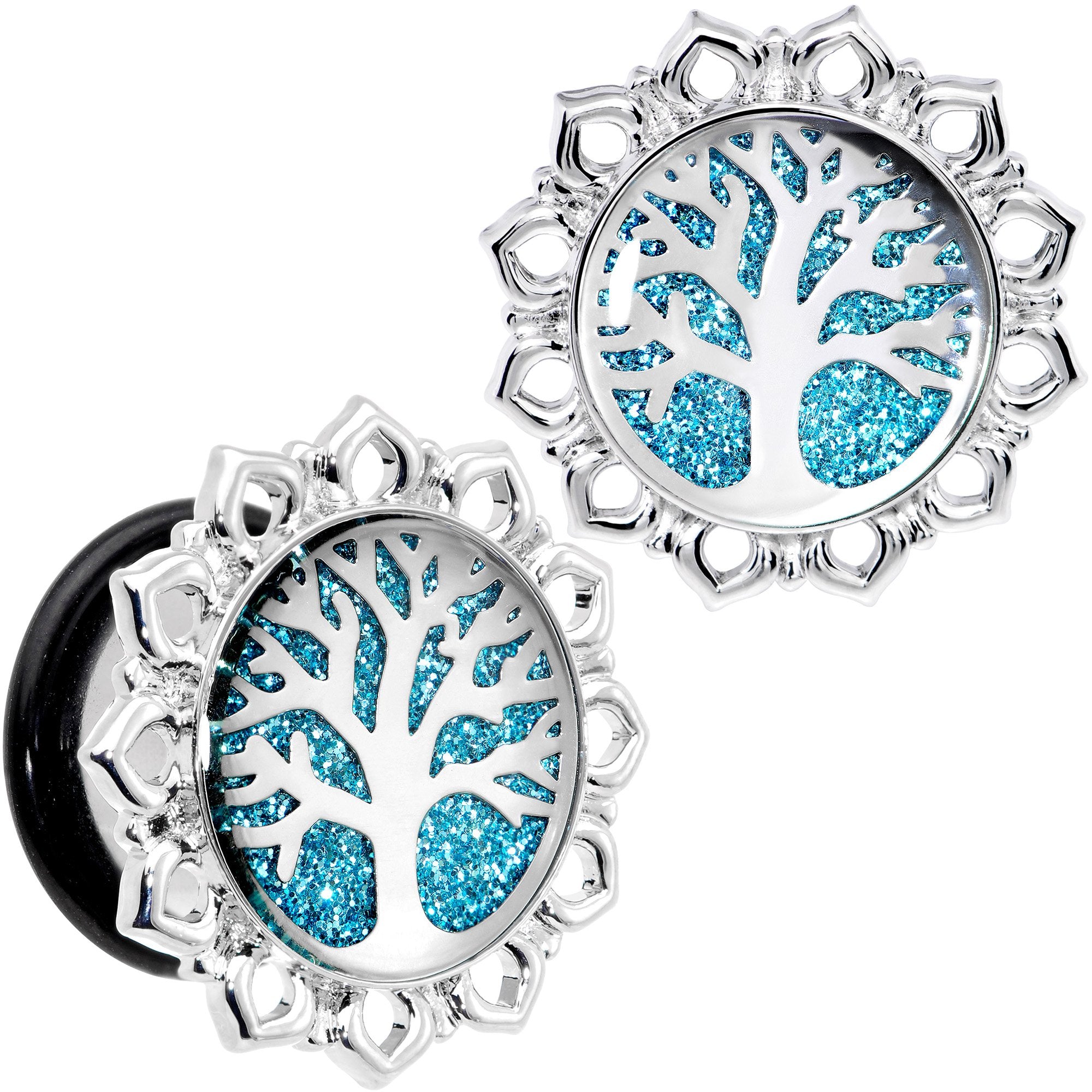 Blue Glitter Inlay Tree of Life Single Flare Plug Set 6mm to 20mm