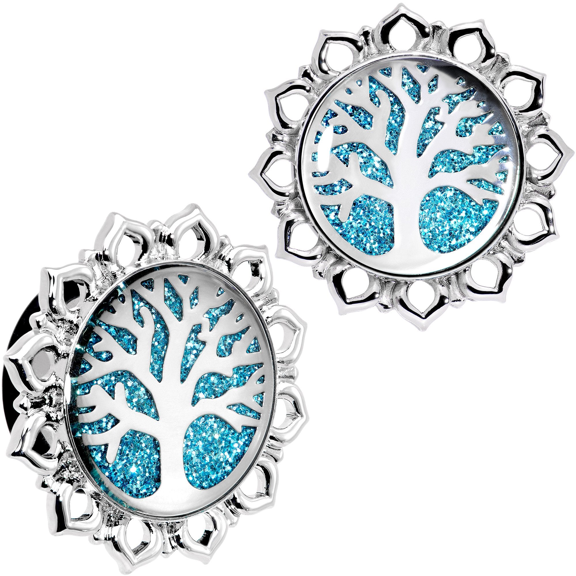 Blue Glitter Inlay Tree of Life Single Flare Plug Set 6mm to 20mm