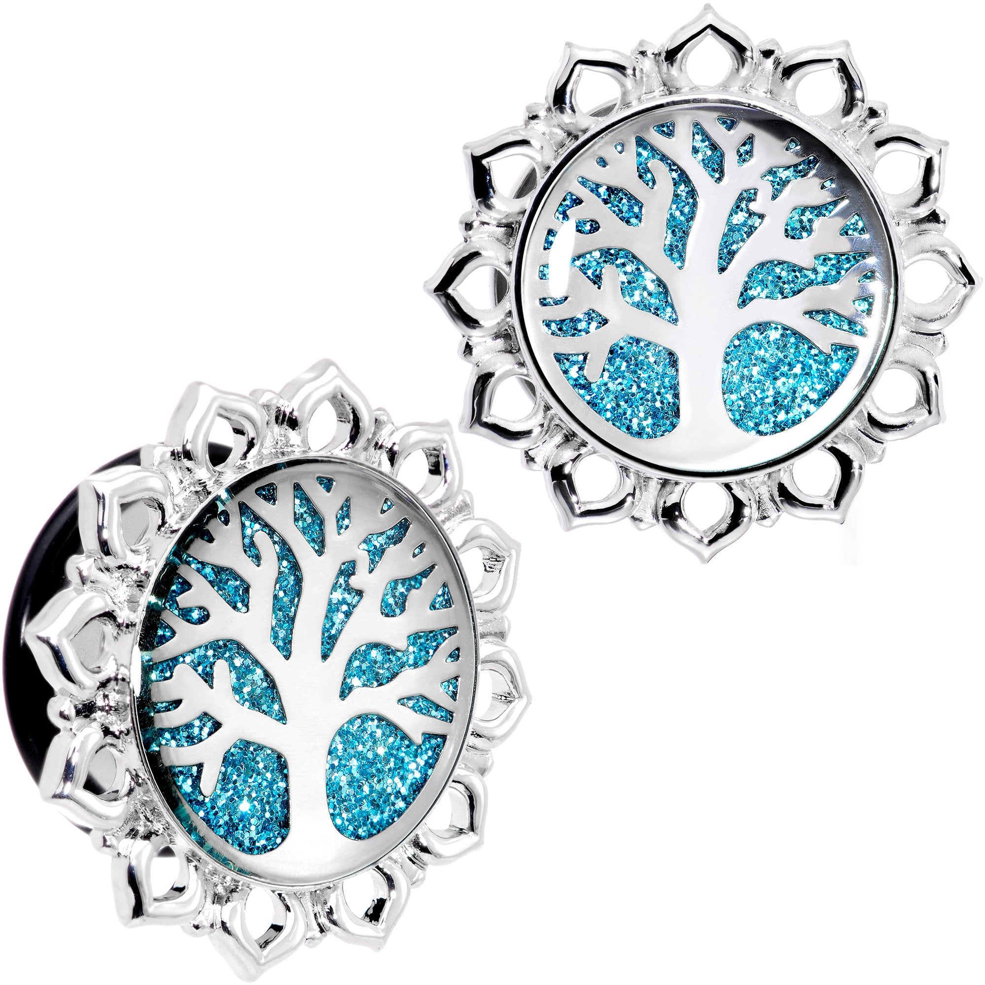 Blue Glitter Inlay Tree of Life Single Flare Plug Set 6mm to 20mm