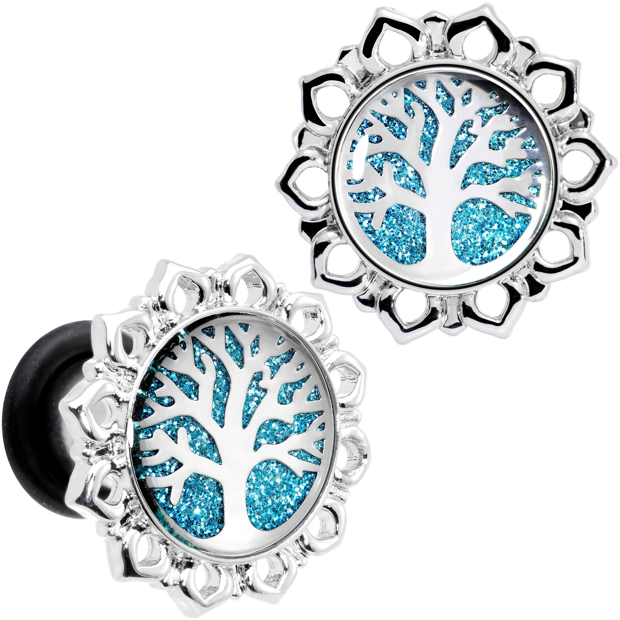 Blue Glitter Inlay Tree of Life Single Flare Plug Set 6mm to 20mm