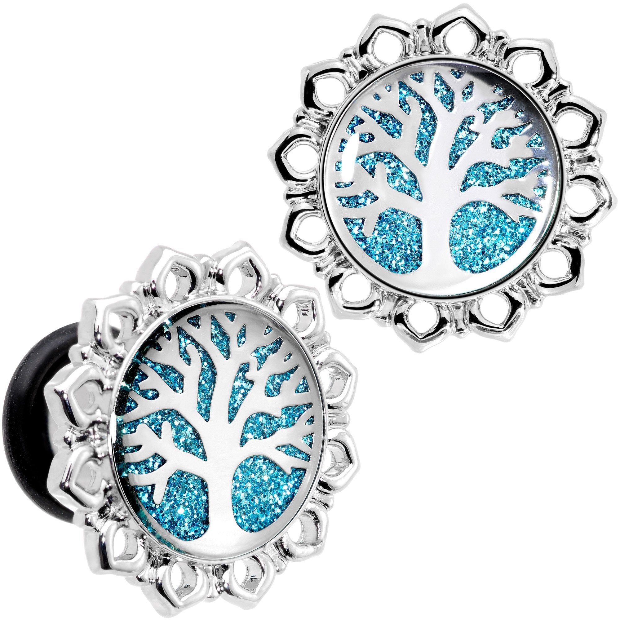 Blue Glitter Inlay Tree of Life Single Flare Plug Set 6mm to 20mm