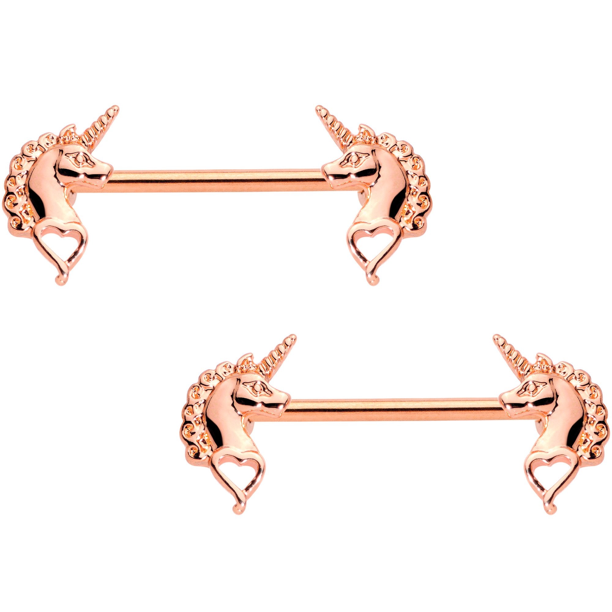 14 Gauge 5/8 Rose Gold Tone Anodized Unicorn Barbell Nipple Ring Set