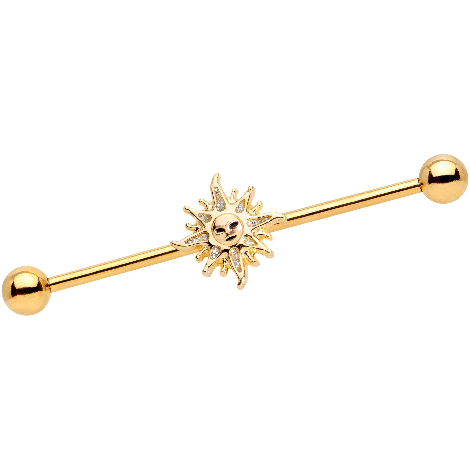 14 Gauge Gold Tone Happy Sun Industrial Barbell  38mm