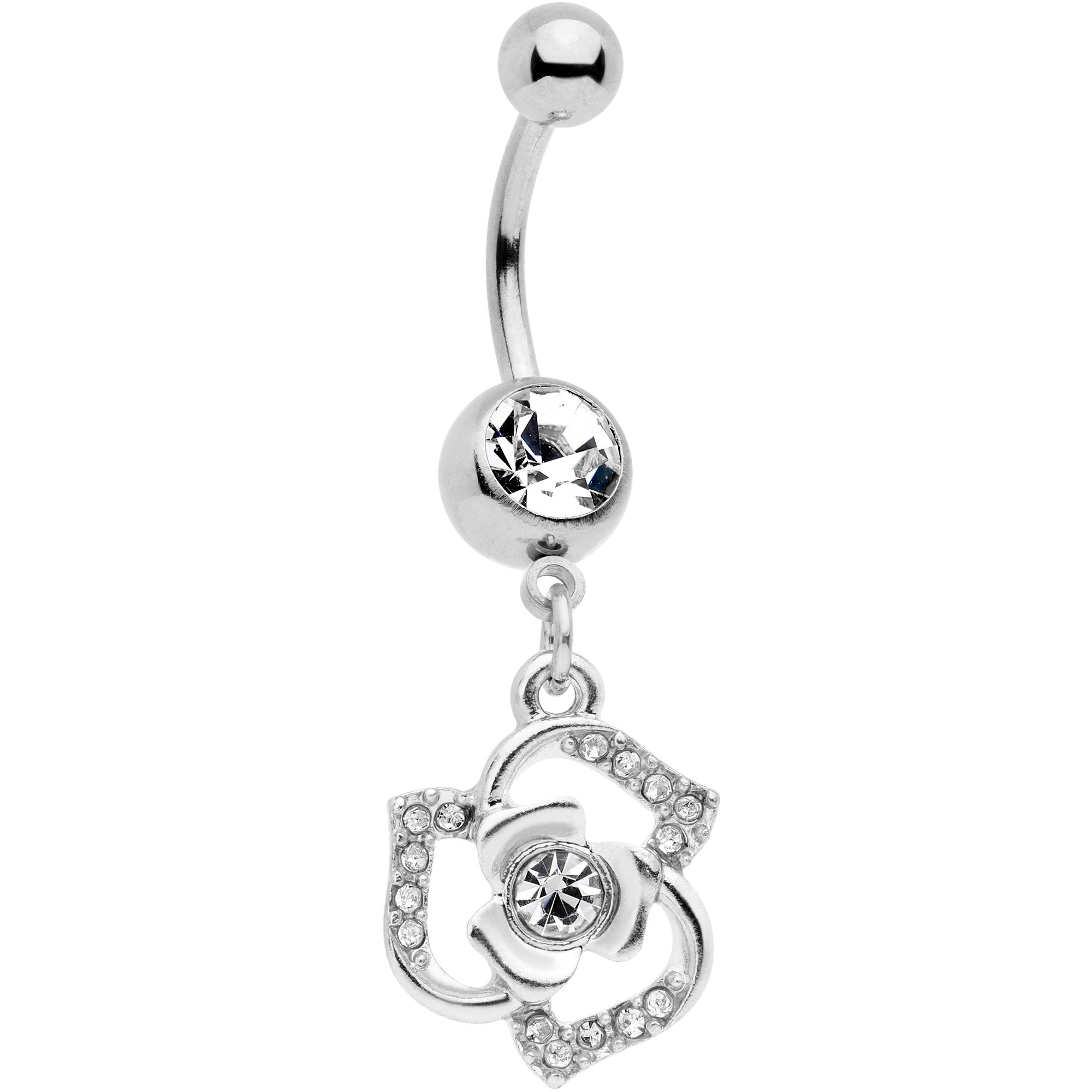 Clear Gem Single Rose Flower Dangle Belly Ring