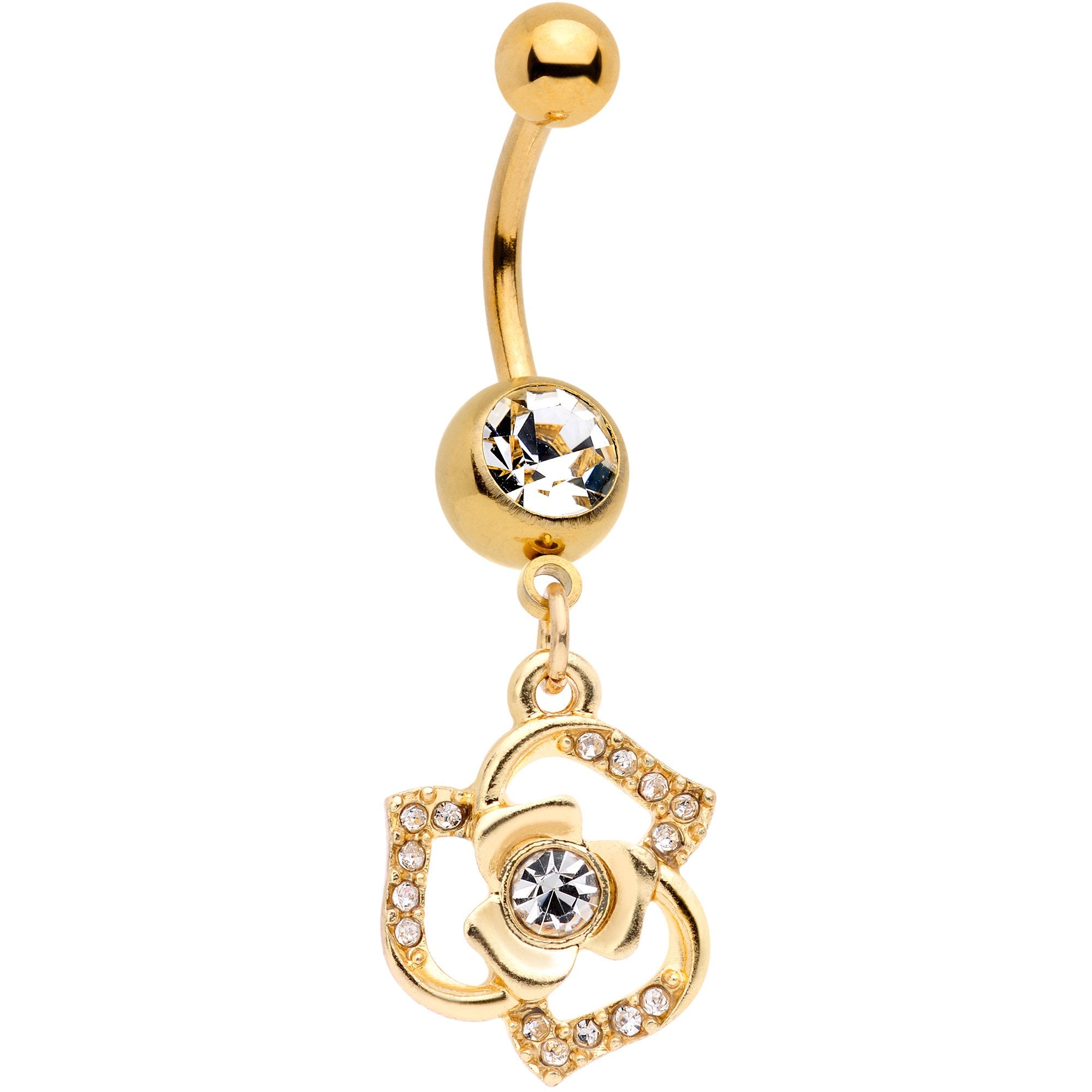 Clear Gem Gold Tone Single Rose Flower Dangle Belly Ring