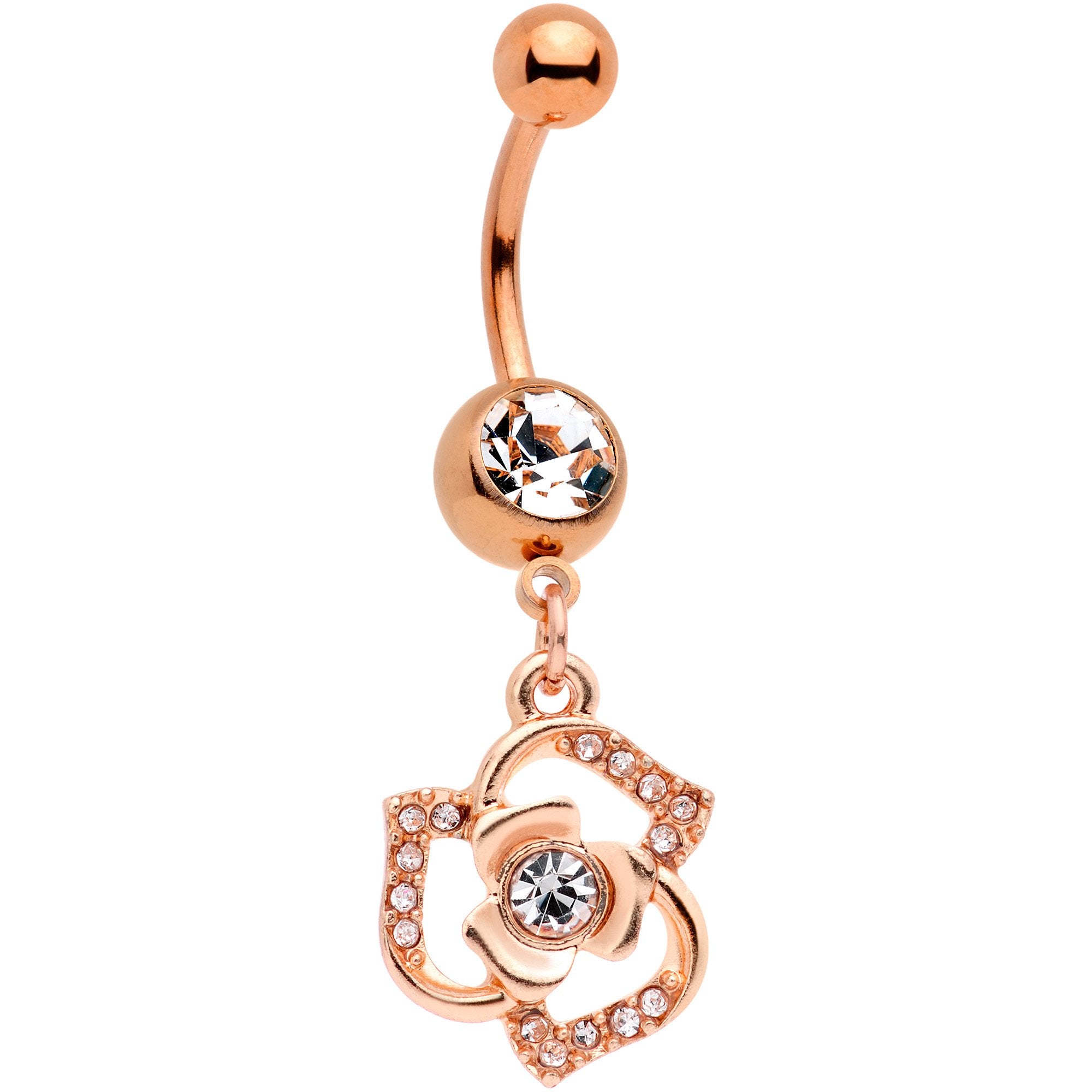 Clear Gem Rose Gold Tone Single Rose Dangle Belly Ring