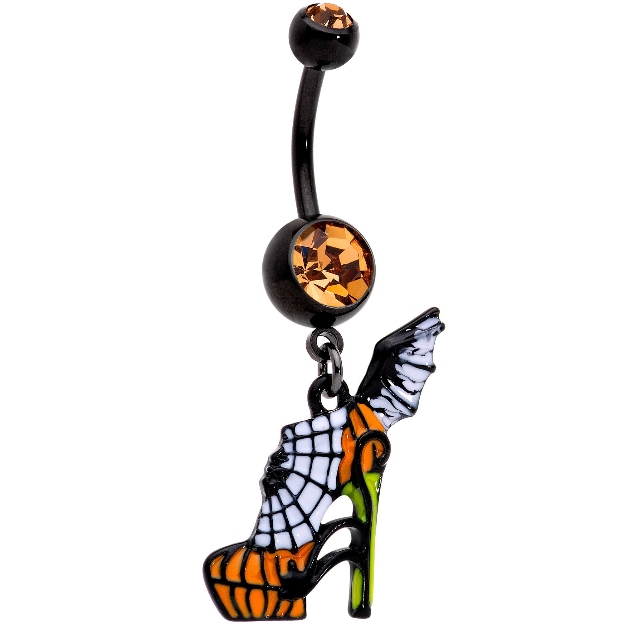 Orange Gem Black Halloween Batty Spider Stiletto Dangle Belly Ring