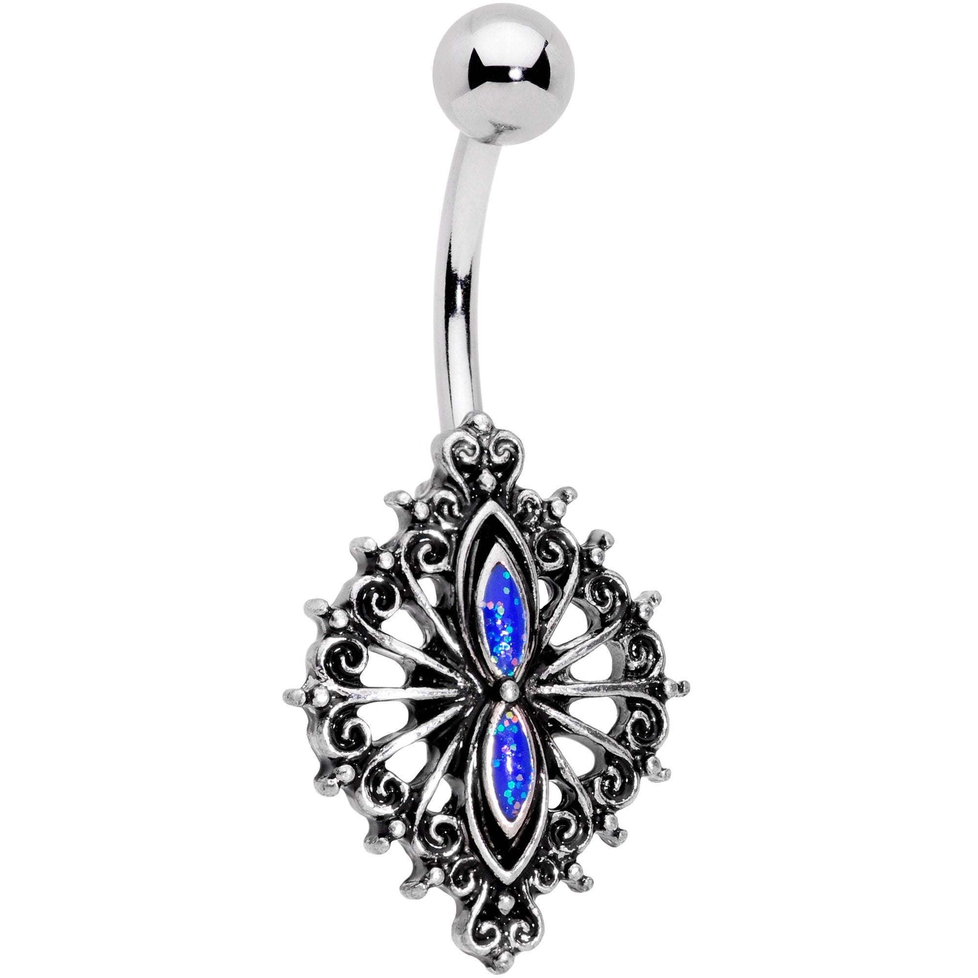 Blue Faux Druzy Spider Web Scrolls Belly Ring