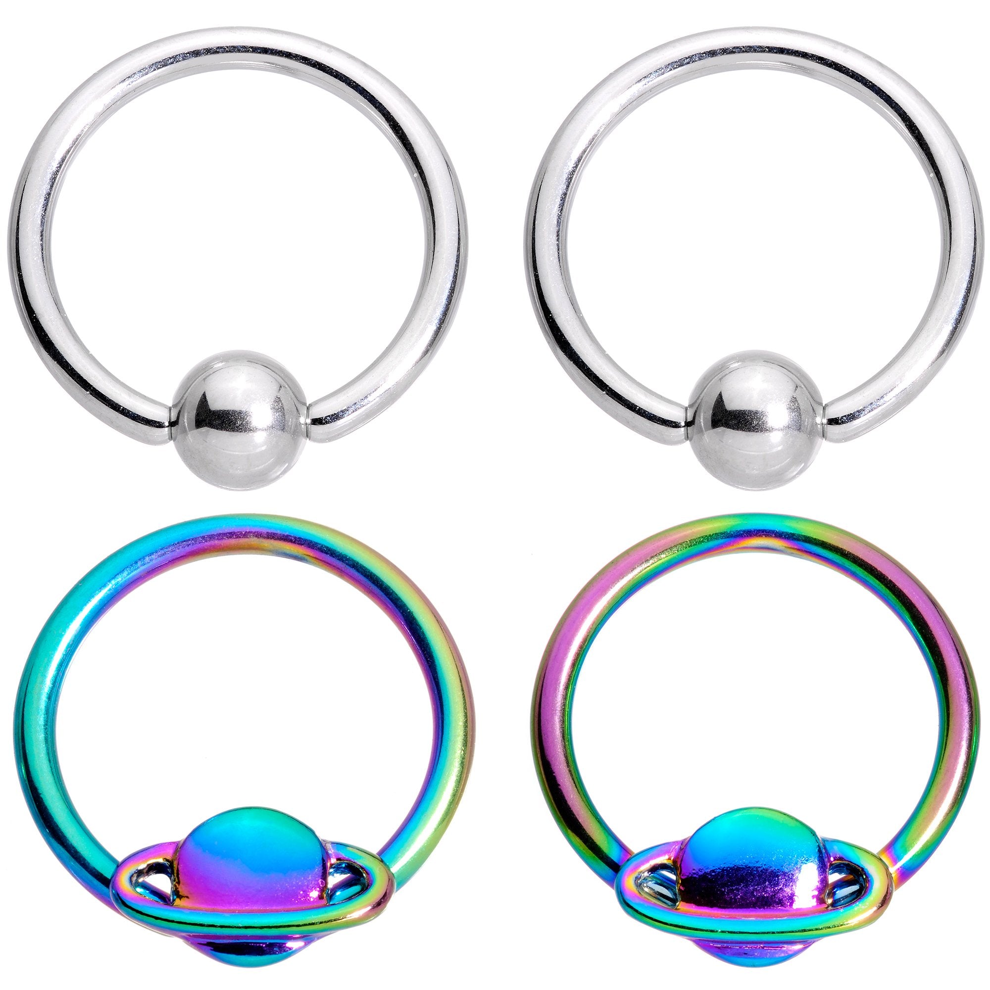 14 Gauge 13mm Rainbow Alien Spaceship BCR Captive Nipple Ring Set