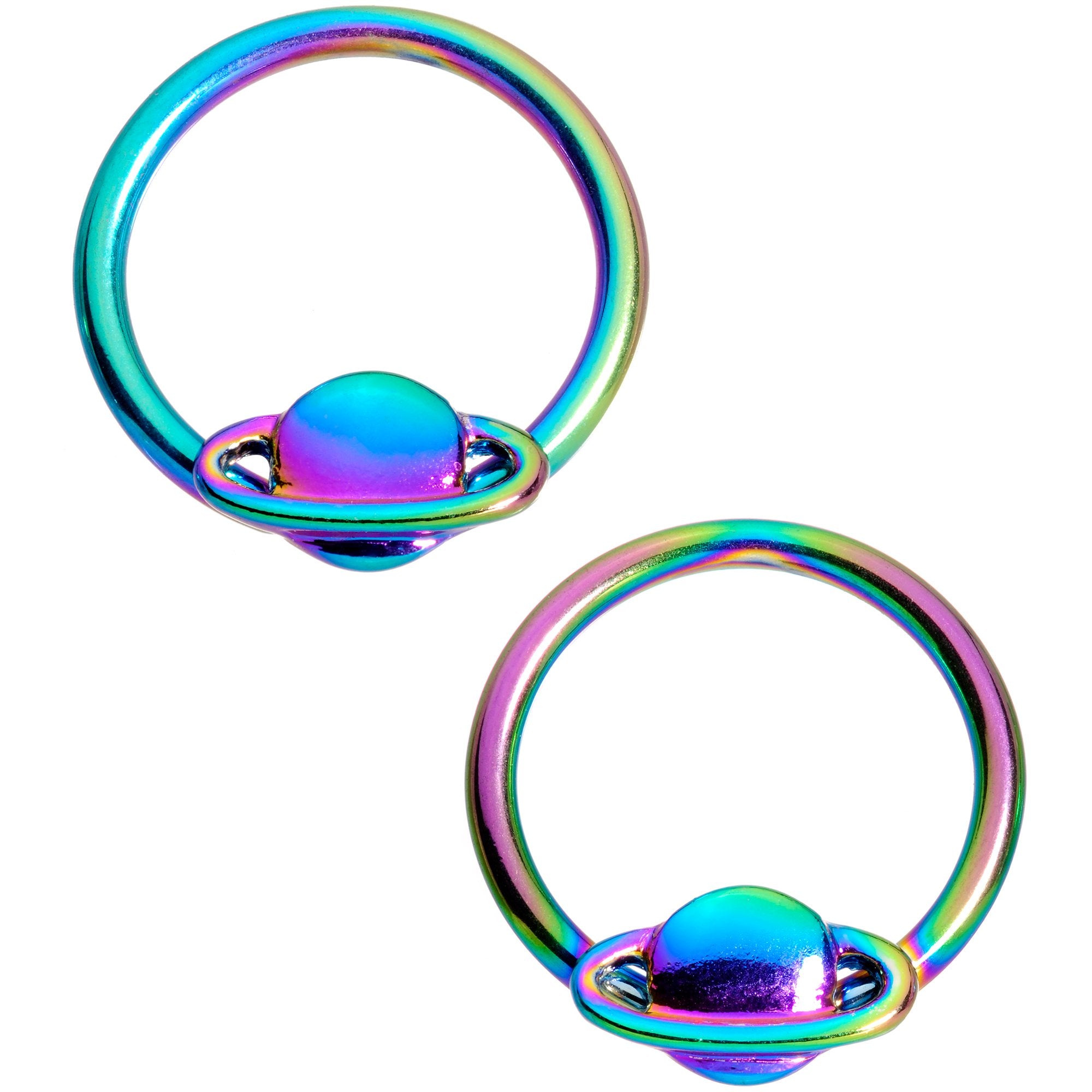 14 Gauge 13mm Rainbow Alien Spaceship BCR Captive Nipple Ring Set