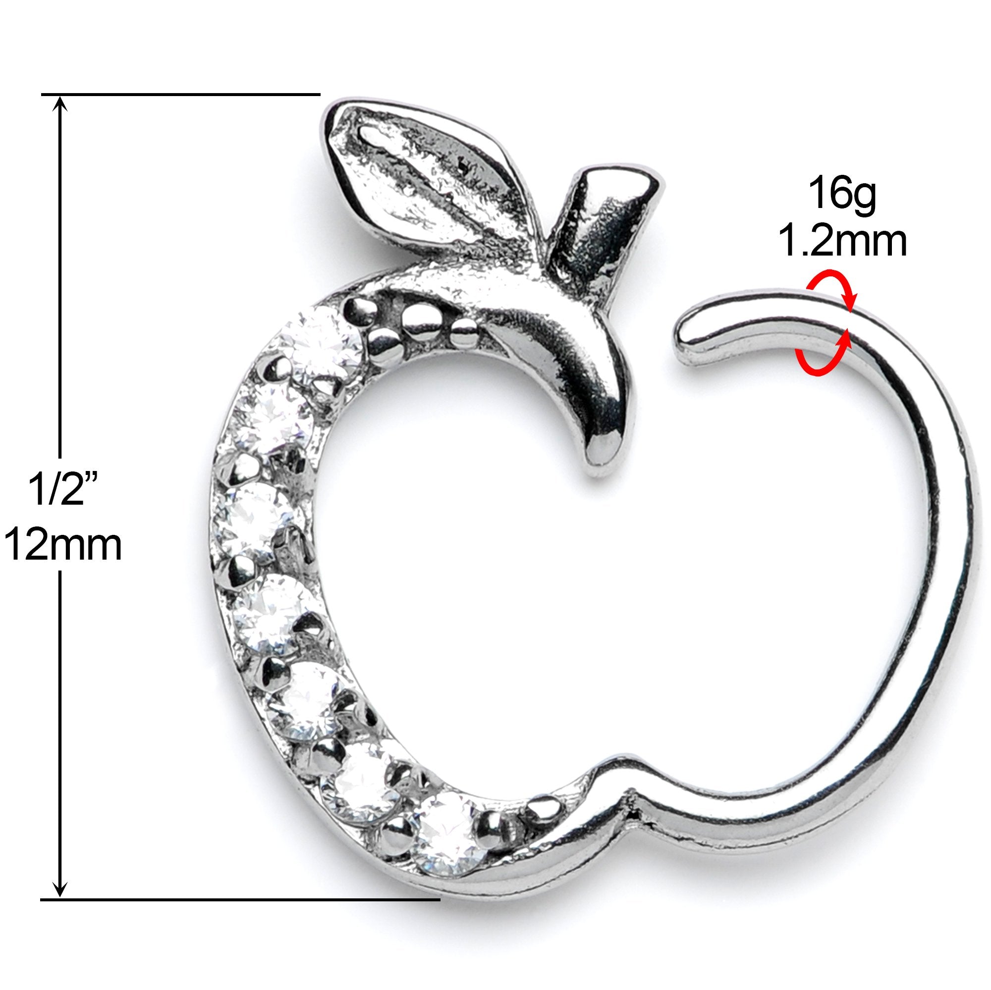 16 Gauge 3/8 Clear CZ Gem Tasty Treat Right Apple Closure Ring