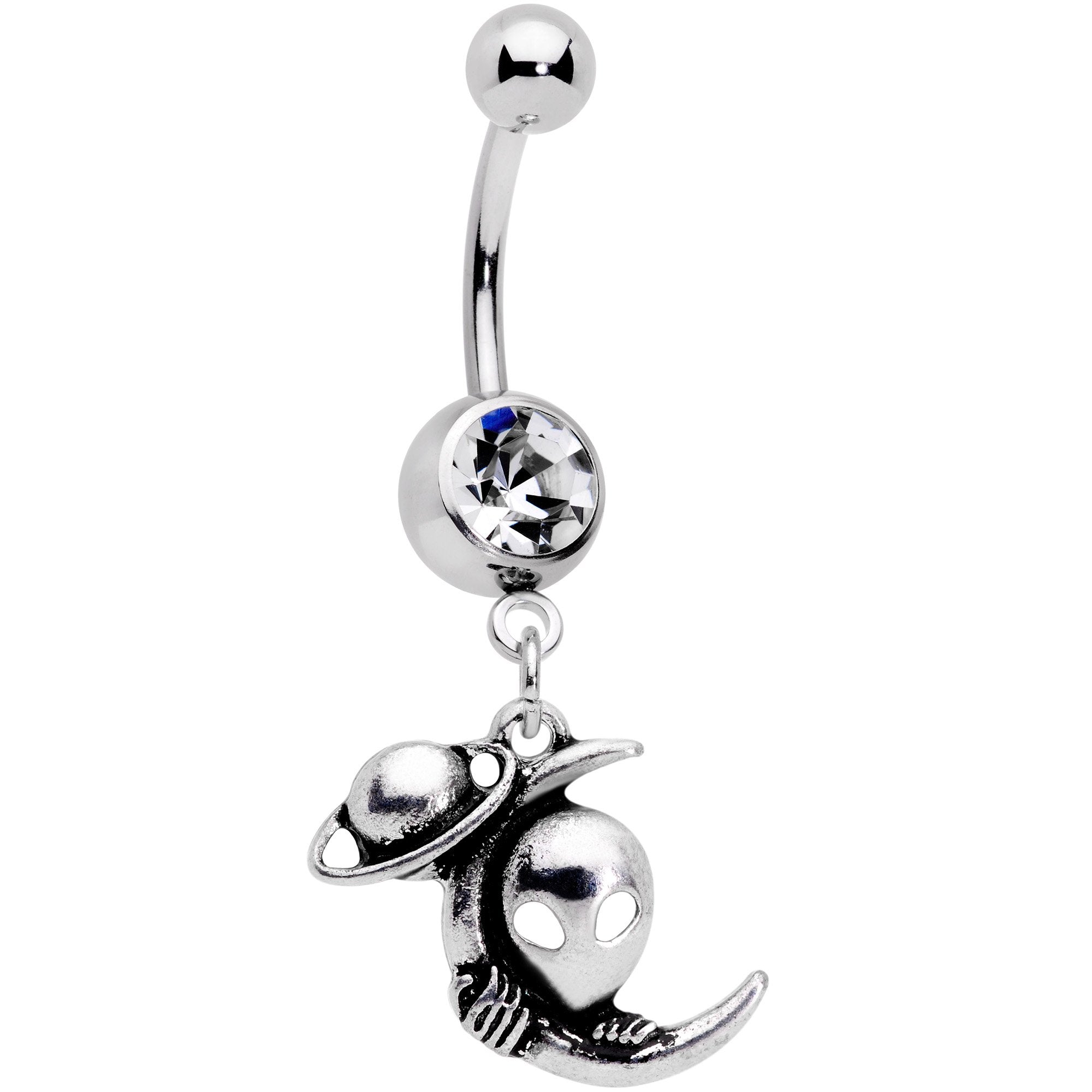 Clear Gem UFO Aliens Are Watching Dangle Belly Ring