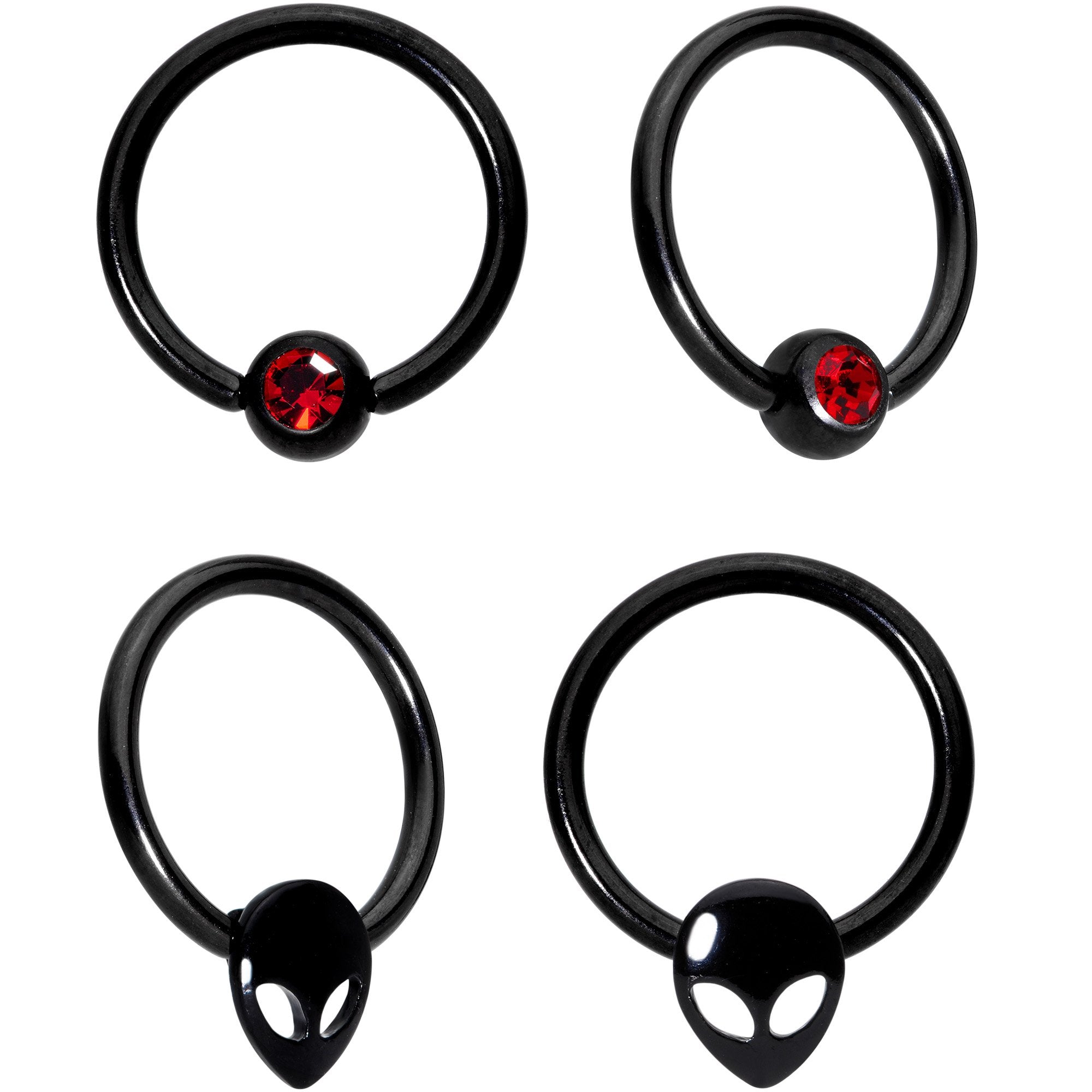 14 Gauge 13mm Red Gem Alien Black BCR Captive Nipple Ring Set Of 4