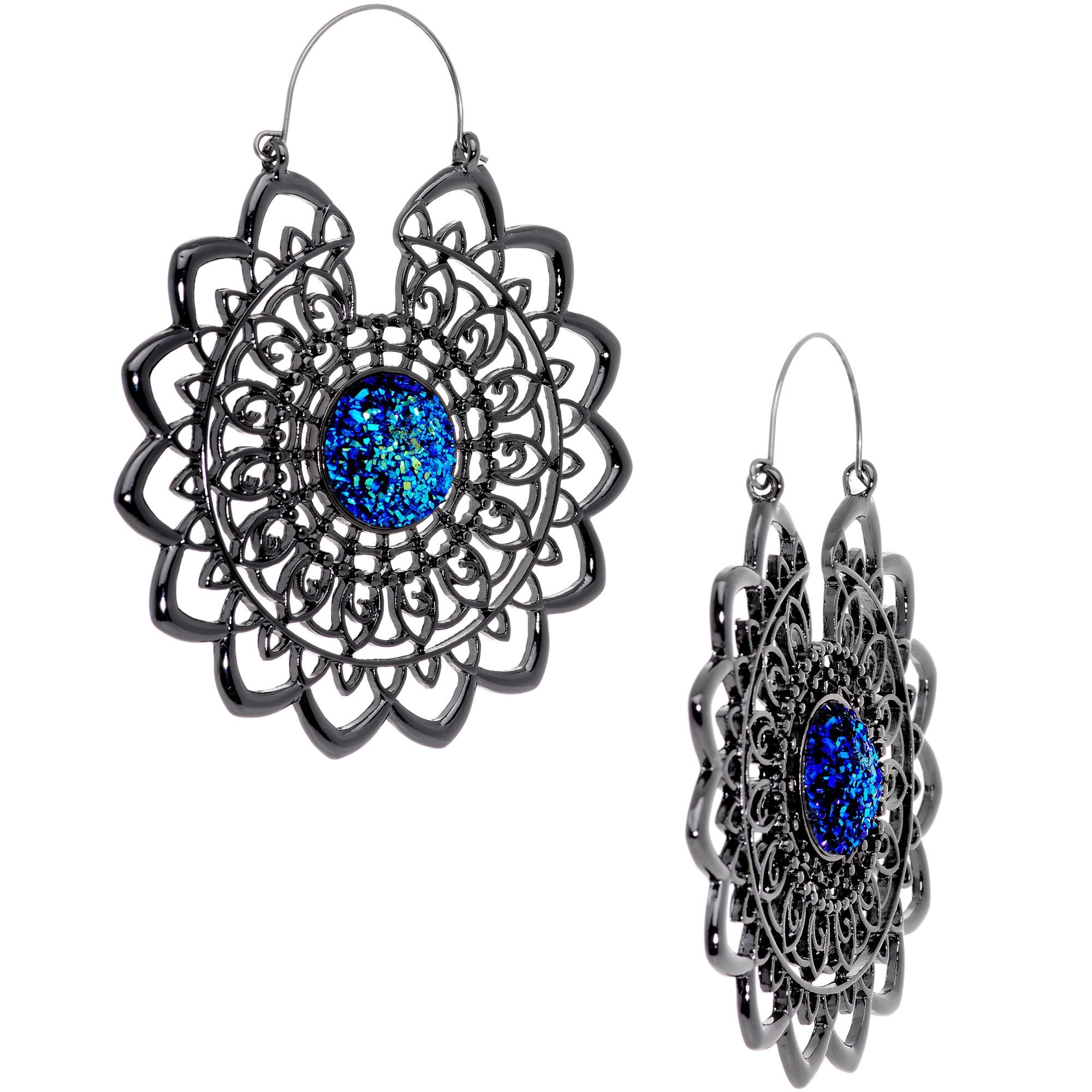 Blue Faux Druzy Black Serenity Mandala Tunnel Plug Earrings