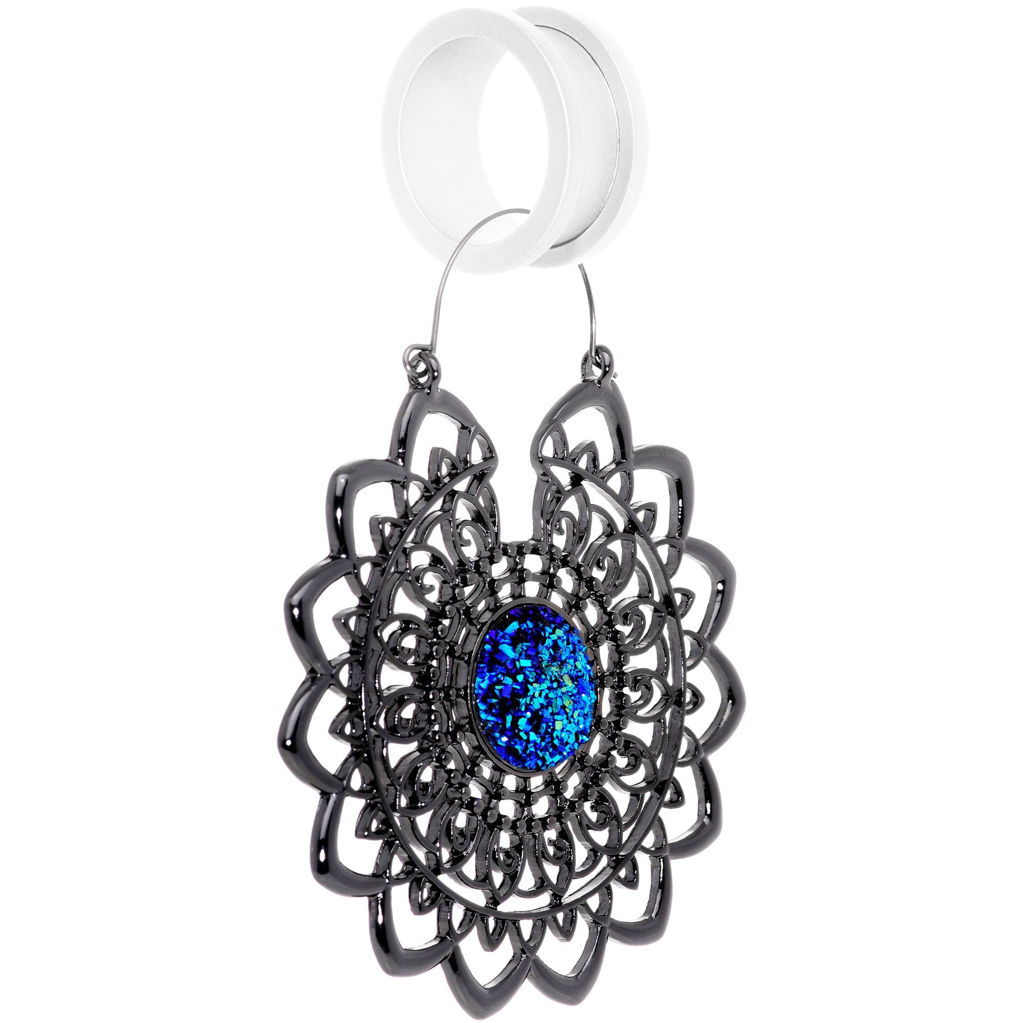 Blue Faux Druzy Black Serenity Mandala Tunnel Plug Earrings