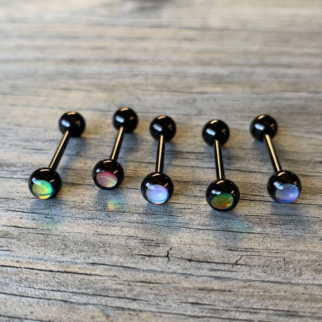 Aurora Gem Inlay Black Barbell Tongue Ring Set of 5