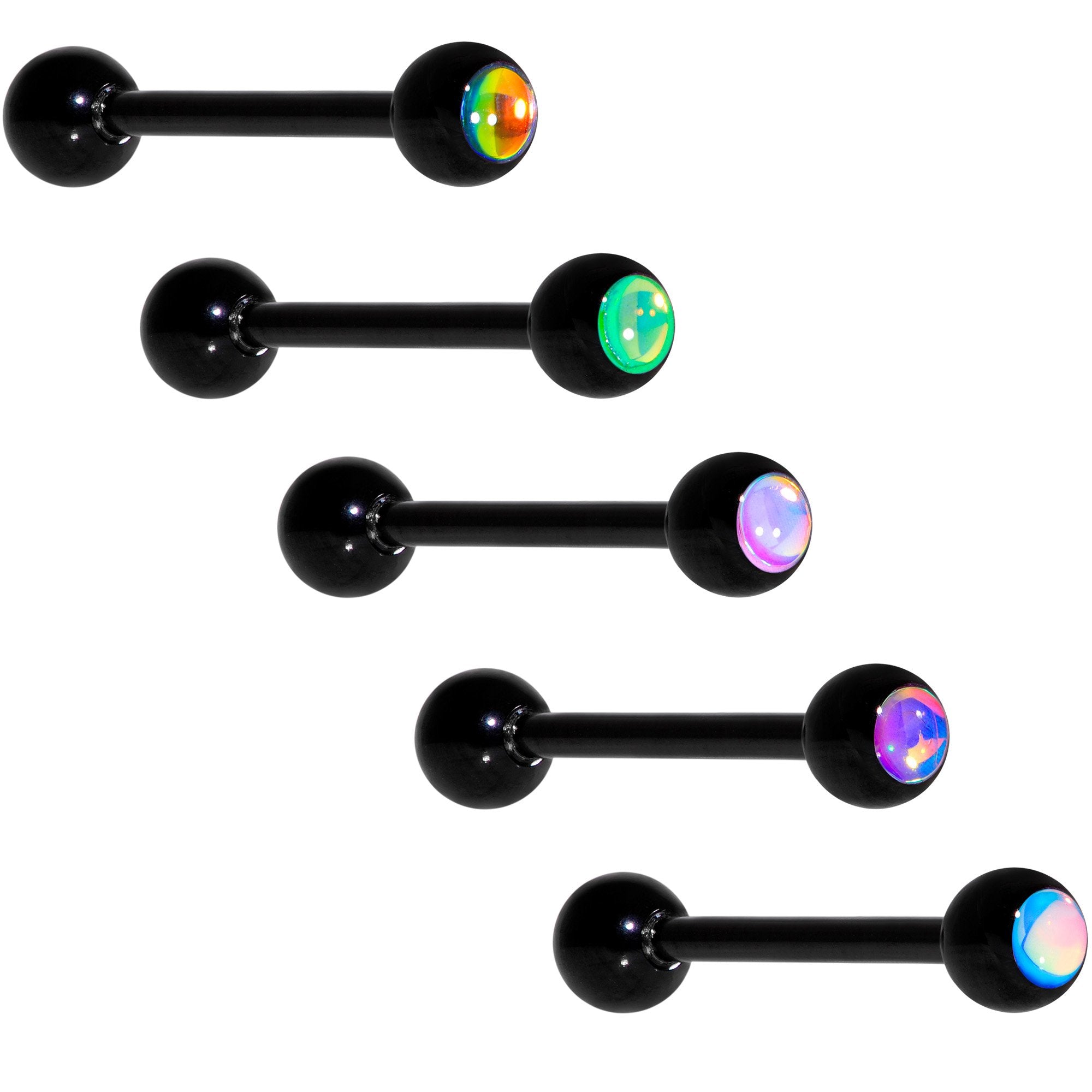 Aurora Gem Inlay Black Barbell Tongue Ring Set of 5