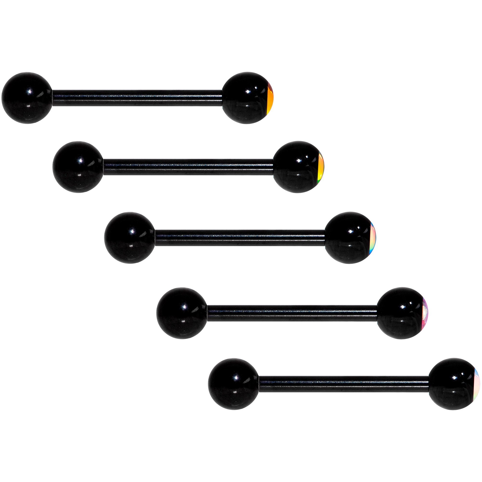 Aurora Gem Inlay Black Barbell Tongue Ring Set of 5