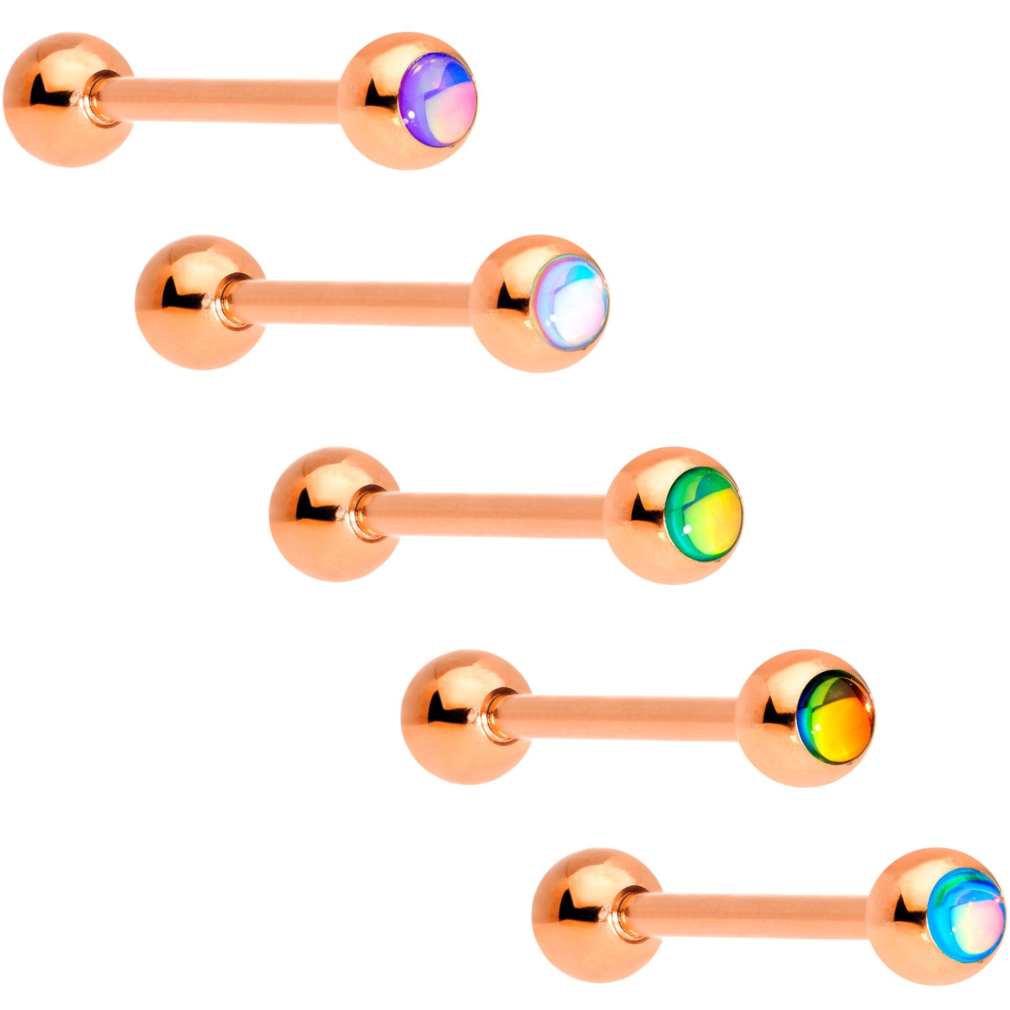 Aurora Gem Inlay Rose Gold Tone Barbell Tongue Ring Set of 5