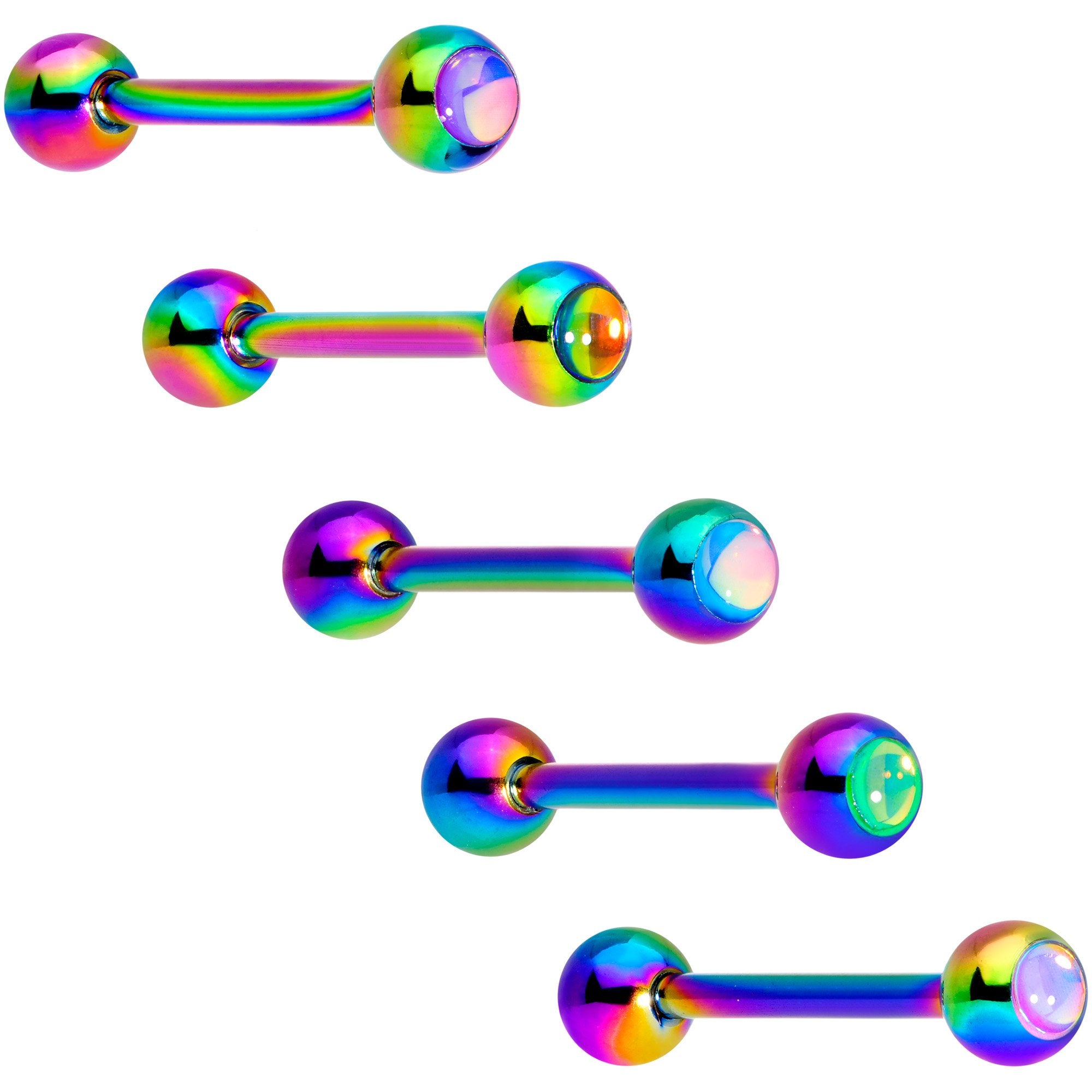 Aurora Gem Inlay Rainbow Color Barbell Tongue Ring Set of 5