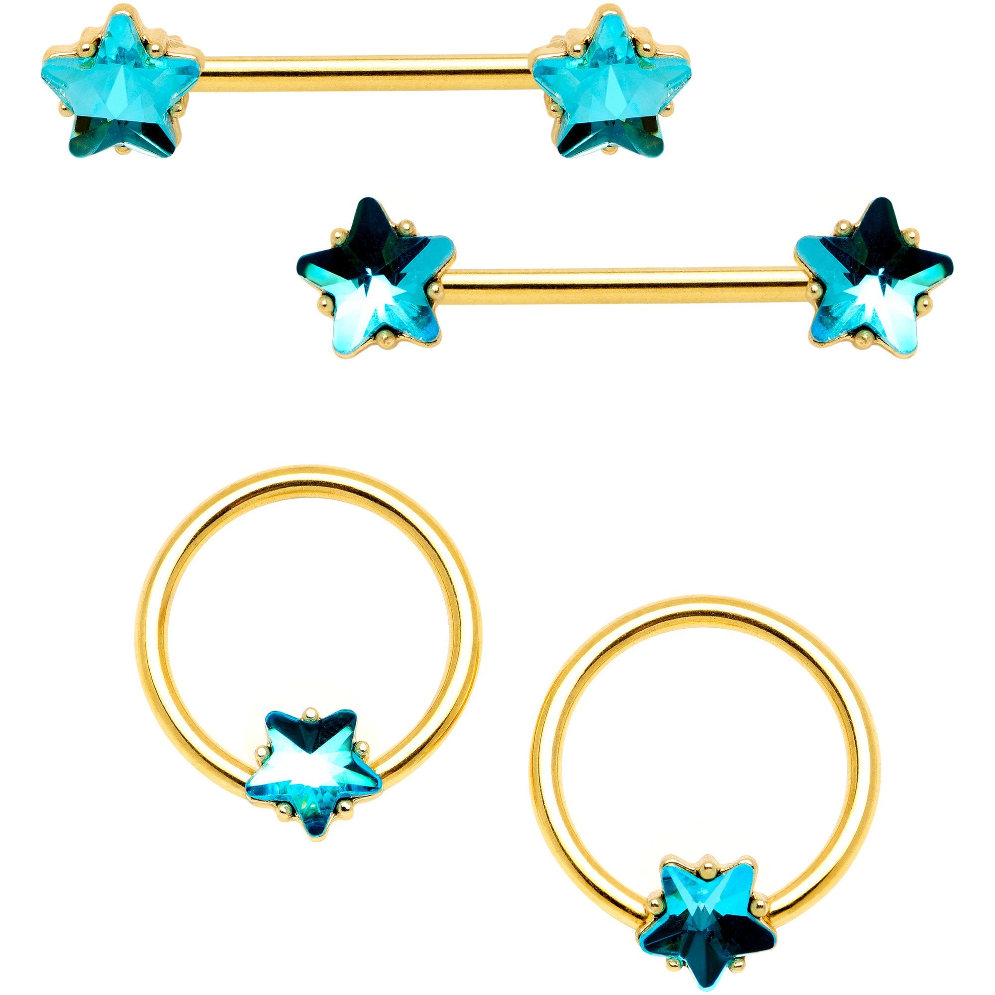 14 Gauge Blue Gem Star Gold Tone Captive Barbell Nipple Ring Set