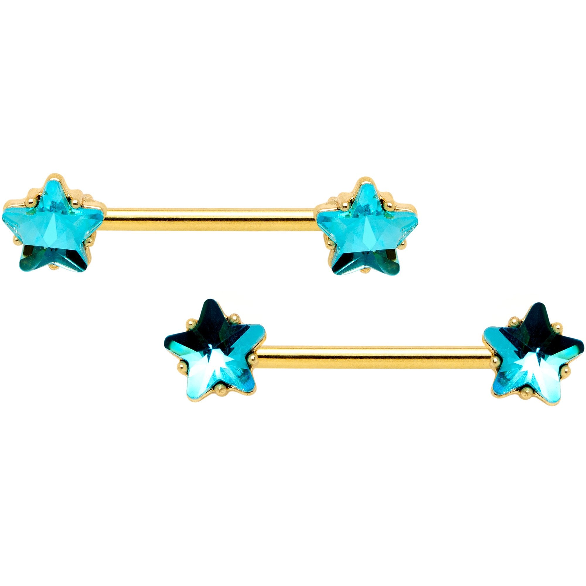 14 Gauge Blue Gem Star Gold Tone Captive Barbell Nipple Ring Set