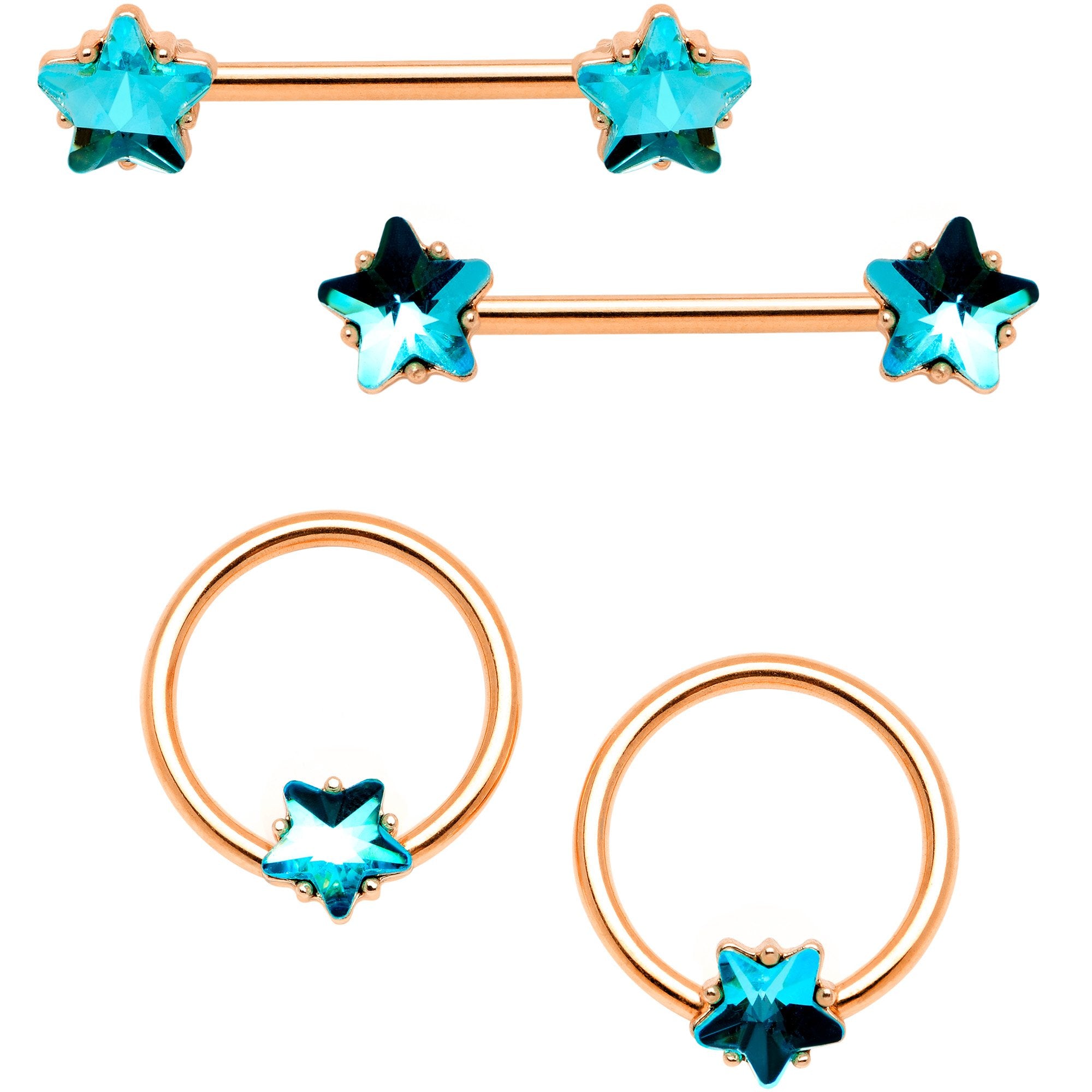 14 Gauge Blue Gem Star Rose Gold Tone BCR Barbell Nipple Ring Set