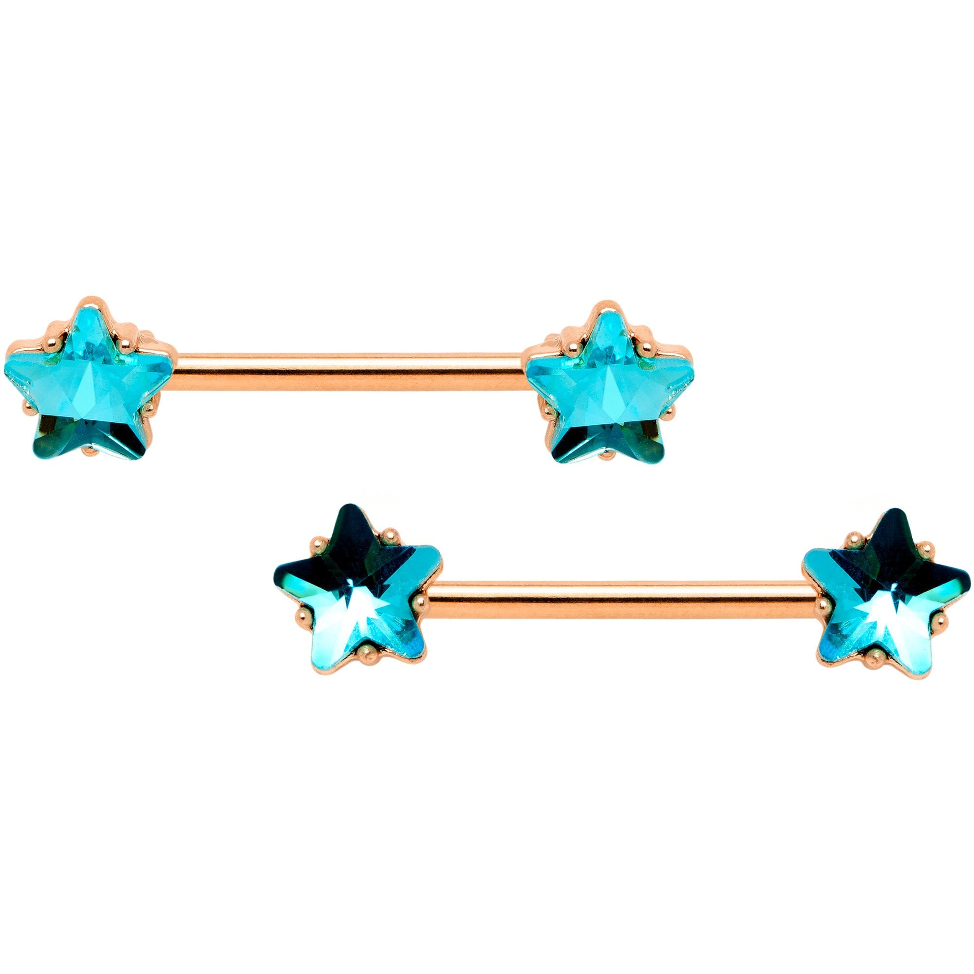 14 Gauge Blue Gem Star Rose Gold Tone BCR Barbell Nipple Ring Set