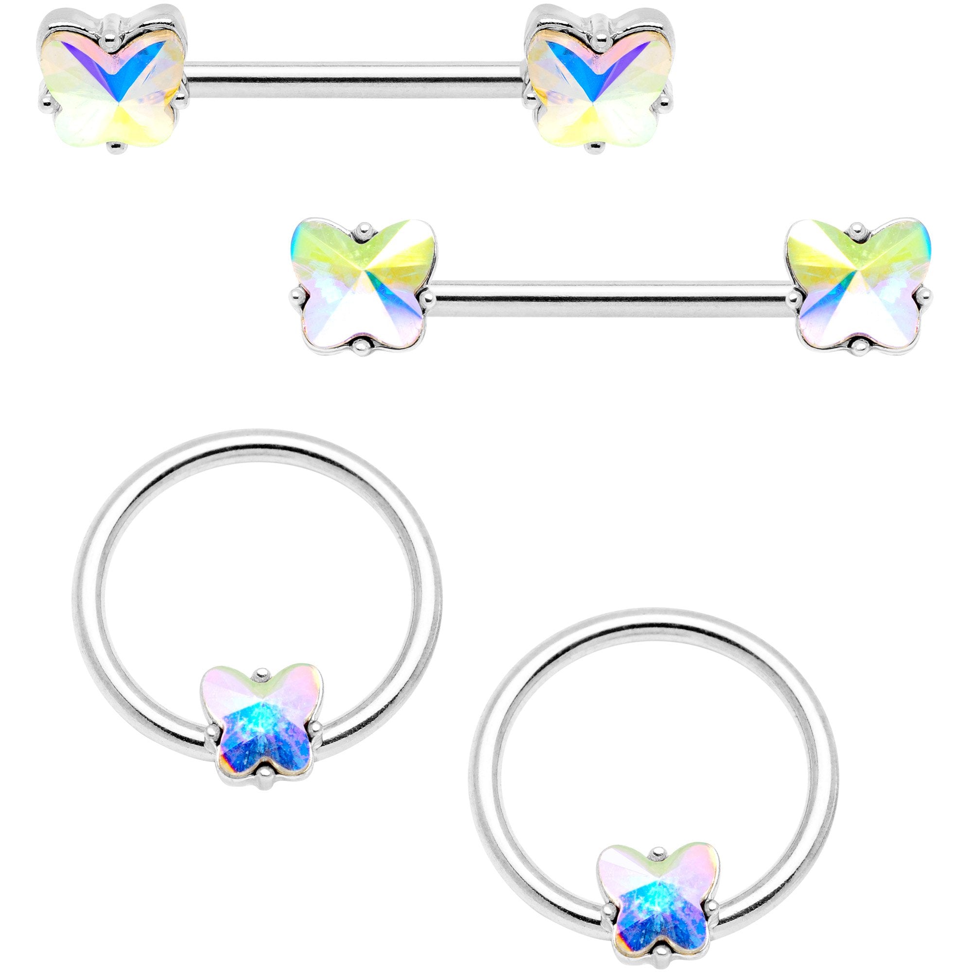 14 Gauge Aurora Gem Butterfly Captive Barbell Nipple Ring Set