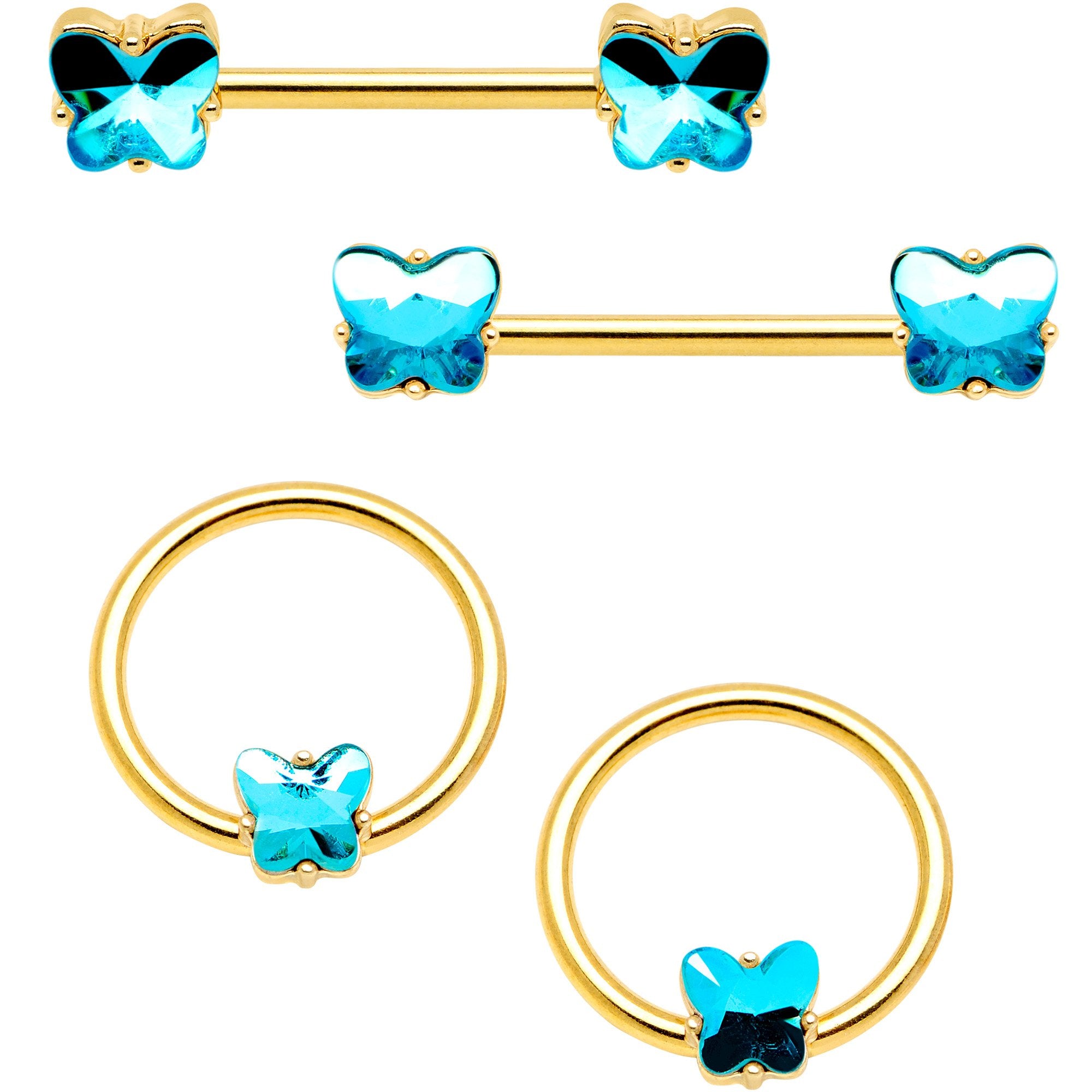 14 Gauge Aqua Gem Butterfly Gold Tone BCR Barbell Nipple Ring Set of 4